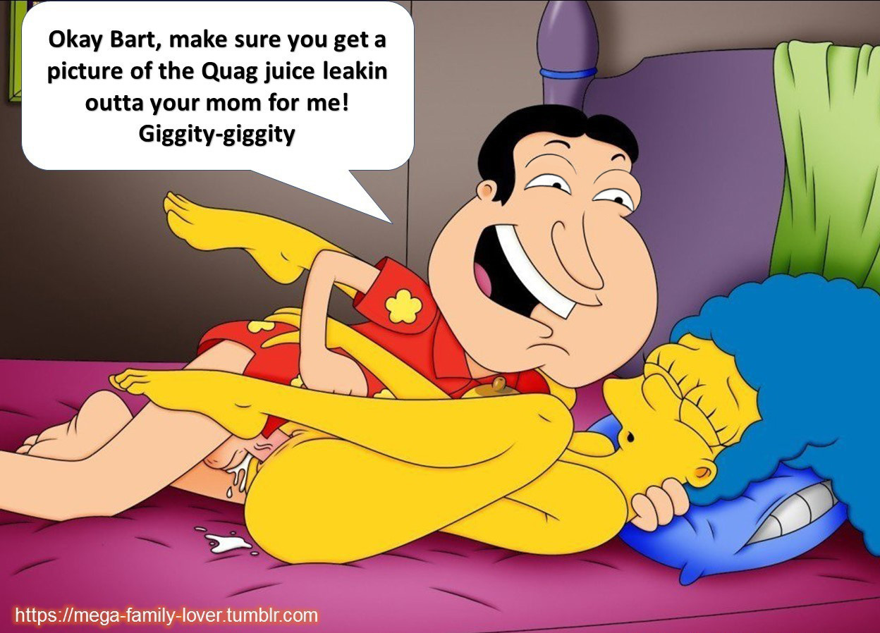 accurate art style, bed, blue hair, canonical rape victim, canonical scene, canonical sex, caucasian male, cheating, cheating wife, family guy, female, glenn quagmire, interracial, male, marge simpson, the simpsons, yellow skin