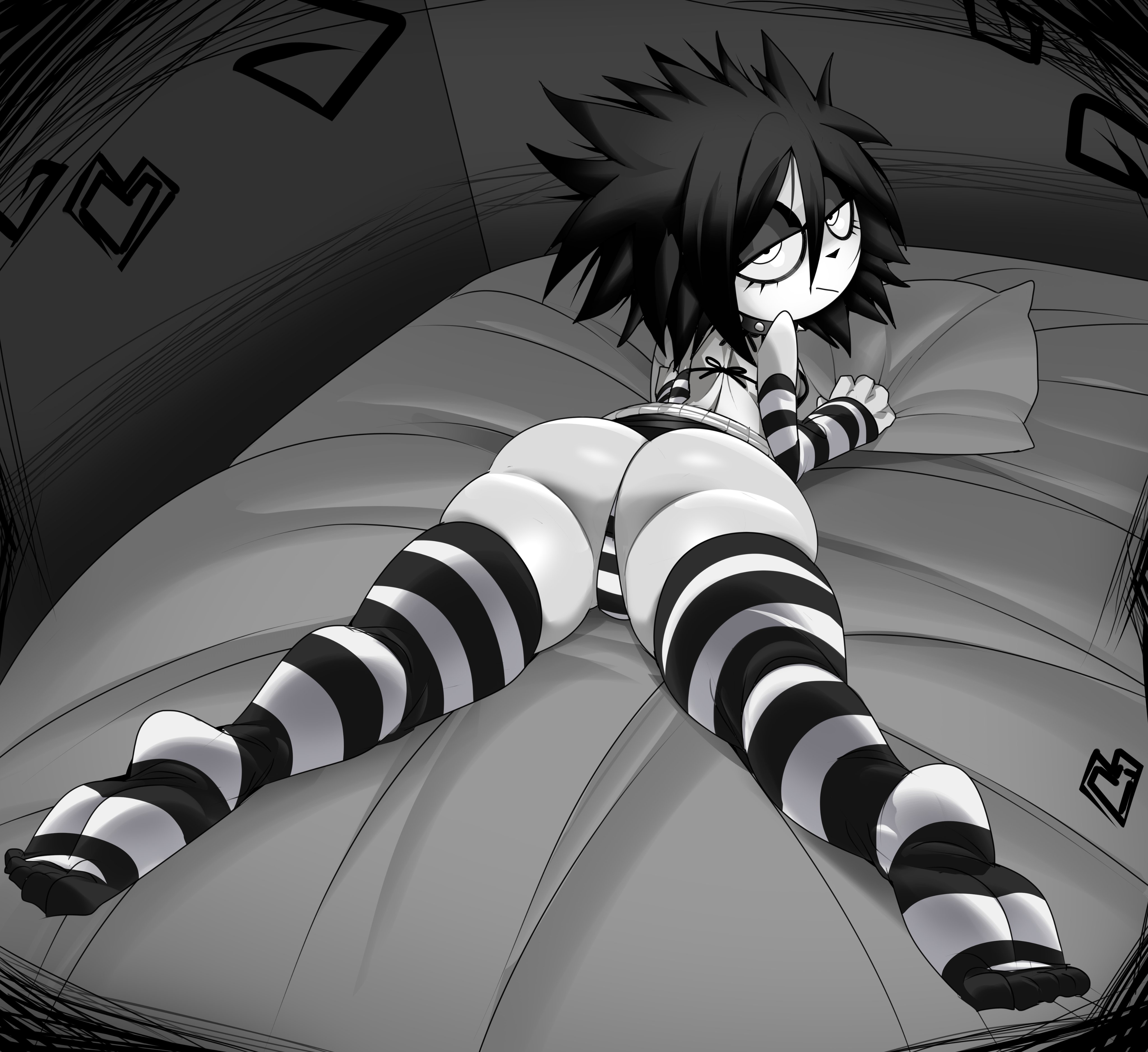 alternate version available, barely clothed, bed, bedroom, bikini, black hair, captain kirb, clothed, feet, flat chest, flat chested, gloves, i can't sleep, large ass, looking at viewer, looking back, nia (i can't sleep), round ass, round butt, spiky hair, spread legs, striped, striped bikini, striped clothing, striped gloves, striped legwear, striped panties, striped thighhighs, thighhigh stockings, thighhighs, thighs, white body, white skin