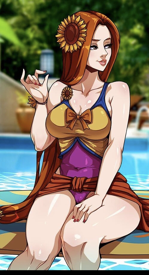 bathing suit, blurry background, breasts, brown eyes, brown hair, cameltoe, cleavage, clothed, female, kyoffie, league of legends, leona (league of legends), lipstick, looking to the side, painted nails, pink lipstick, pool, pool party series, pussy, sitting, smiling, sunflower, surfboard, thick thighs, water, wristband