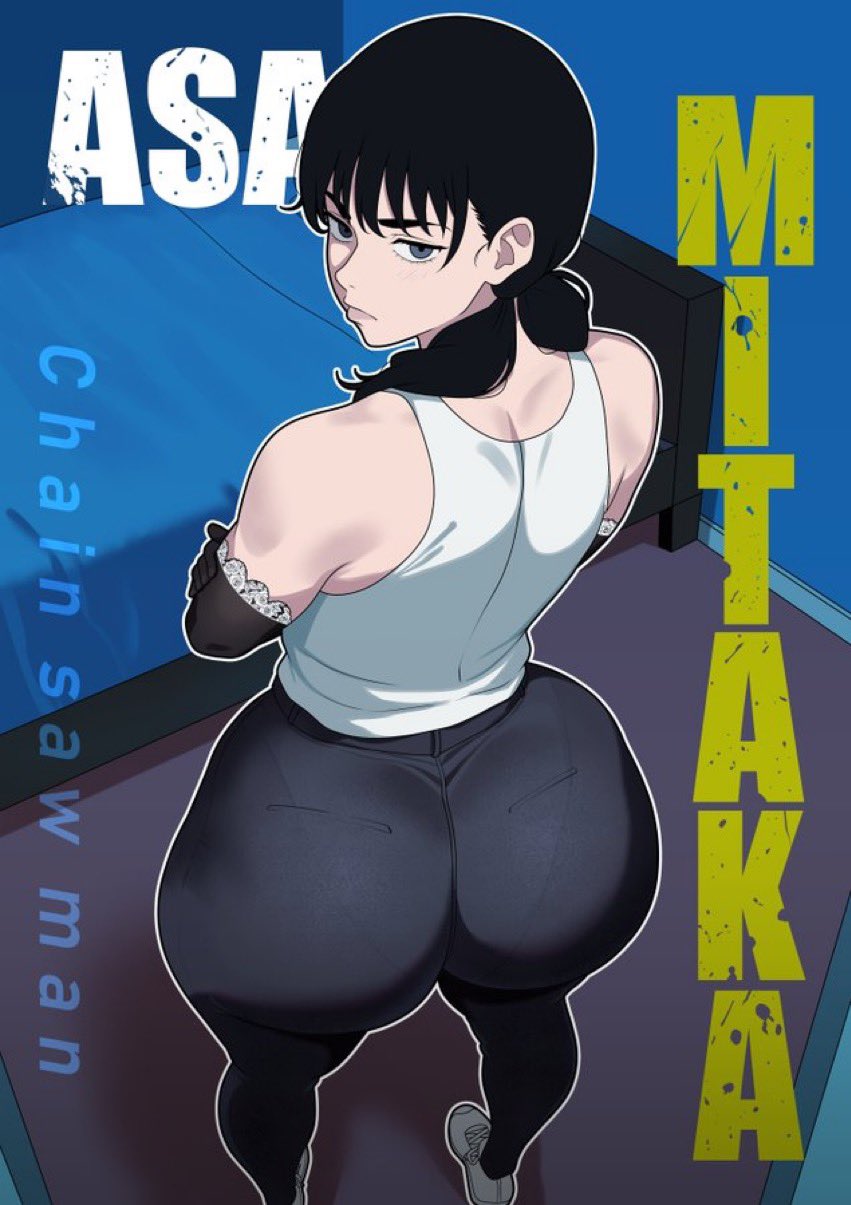 1girls, ass focus, black hair, chainsaw man, fat ass, female, female only, freshnsfw, full body, girl, mitaka asa, pawg, solo, solo female, solo focus, tank top, thick ass, woman, yoga pants