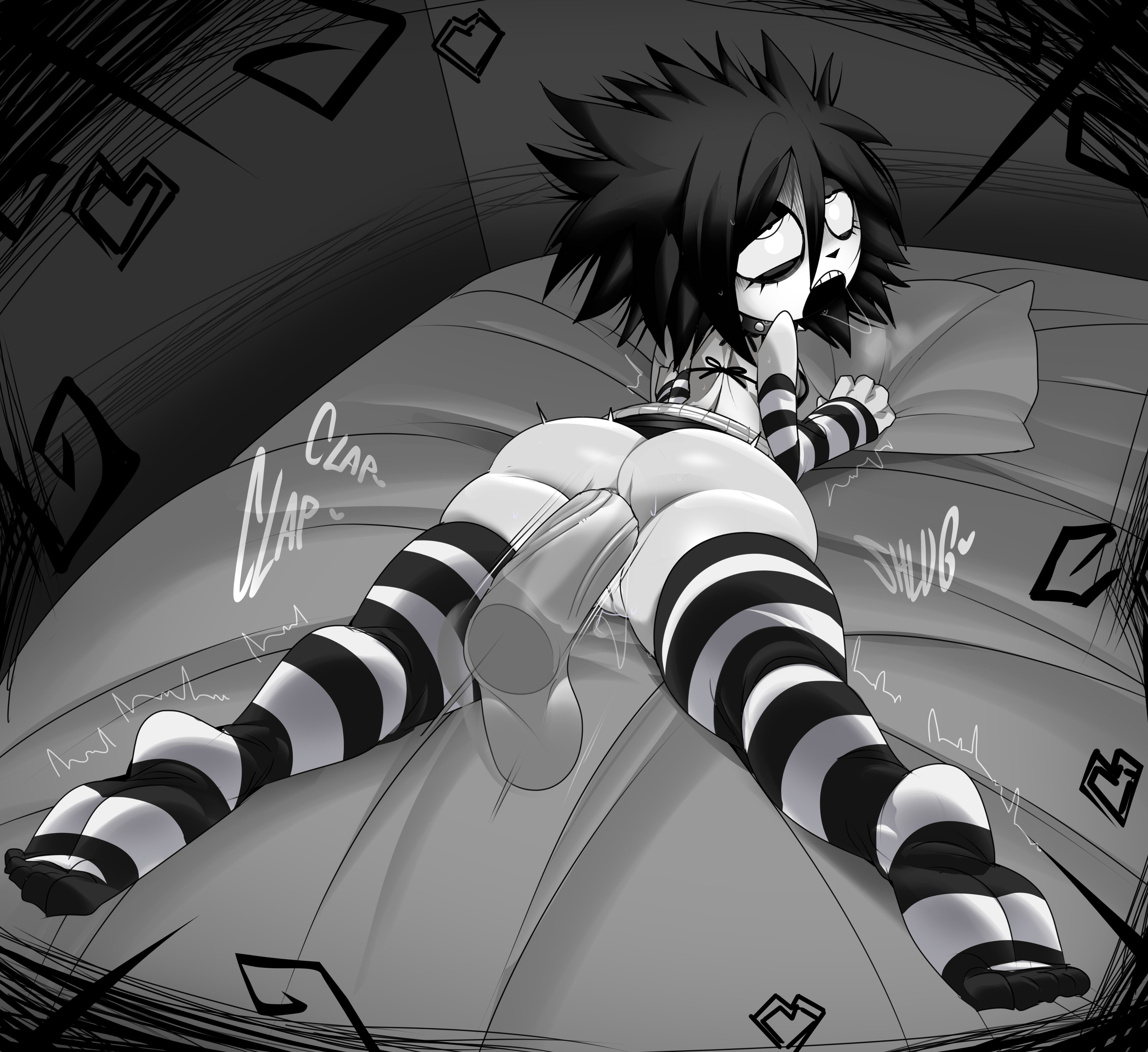 alternate version available, anal, anal penetration, anal sex, bed, bedroom, bikini, black hair, bottomless, bottomless female, captain kirb, clapping cheeks, exposed, exposed anus, exposed ass, exposed pussy, eyes rolling back, feet, flat chest, flat chested, floating penis, gasp, gloves, i can't sleep, in pleasure, large ass, looking at viewer, looking back, mouth open, nia (i can't sleep), no panties, rolling eyes, round ass, round butt, spiky hair, spread legs, striped, striped bikini, striped clothing, striped gloves, striped legwear, striped panties, striped thighhighs, thighhigh stockings, thighhighs, thighs, trembling, white body, white skin