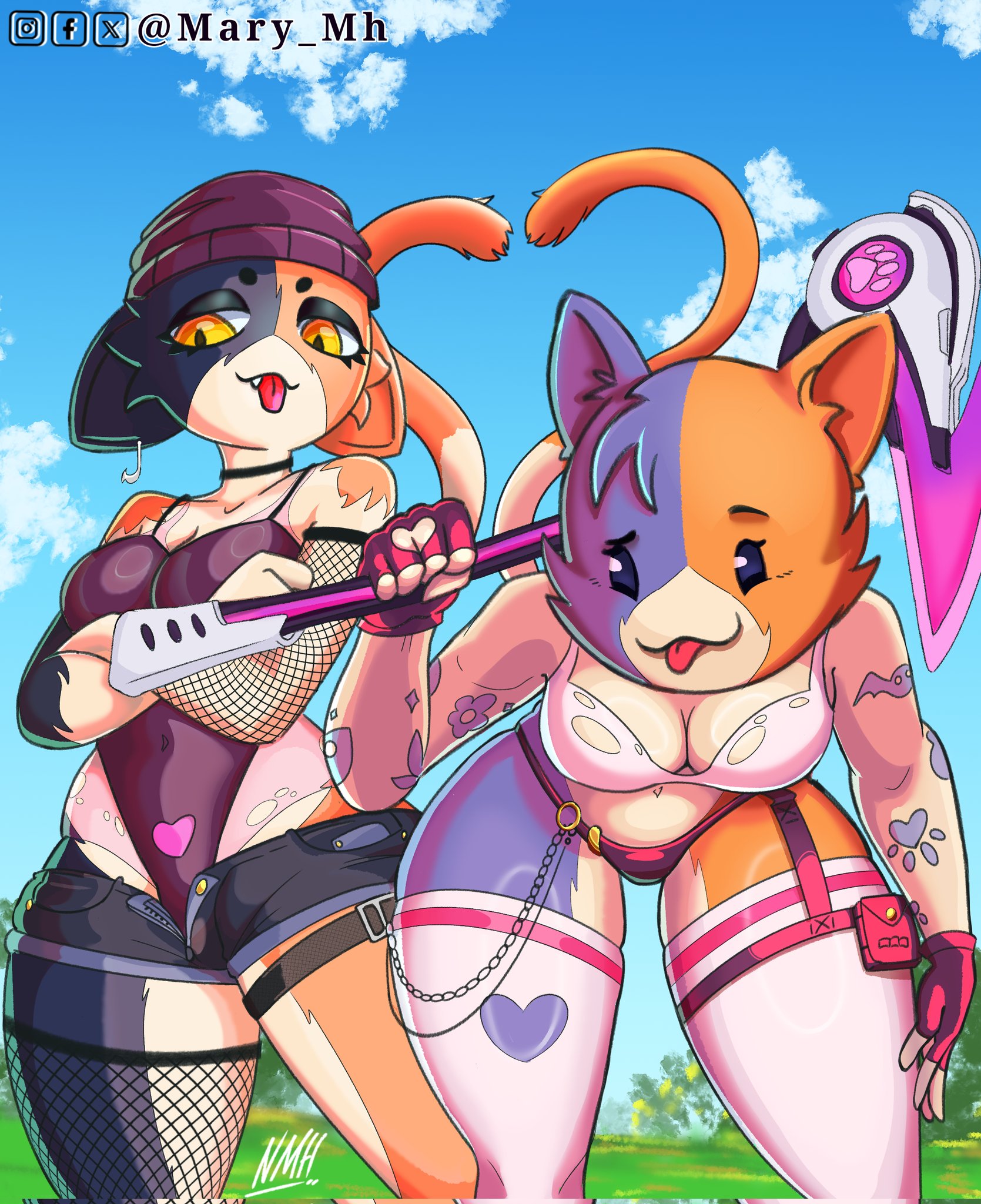 2girls, anthro, anthro only, beanie, bodysuit, breasts, brown fur, cat ears, cat girl, cat tail, cate meowdy (fortnite), catgirl, choker, cleavage, cousins, fang, fishnets, fortnite, fortnite: battle royale, gloves, grey fur, holding, holding object, leaning forward, looking at viewer, mary mh, meow skulls (fortnite), navel, panties, shorts, slim waist, stockings, tagme, tattoo, thick thighs, tight clothing, tongue out, topwear, torn clothes, voluptuous, white fur, wide hips, yellow eyes