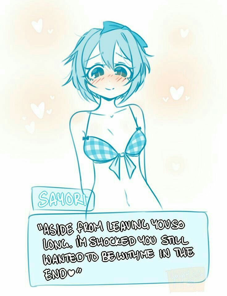blue bra, blue eyes, blue hair, blush, bow, bra, dialogue, doki doki literature club, female, hairbow, heart, just sayori, looking at viewer, pov, pov eye contact, sayori (doki doki literature club), simple background, smile, smiling, solo, text, wholesome