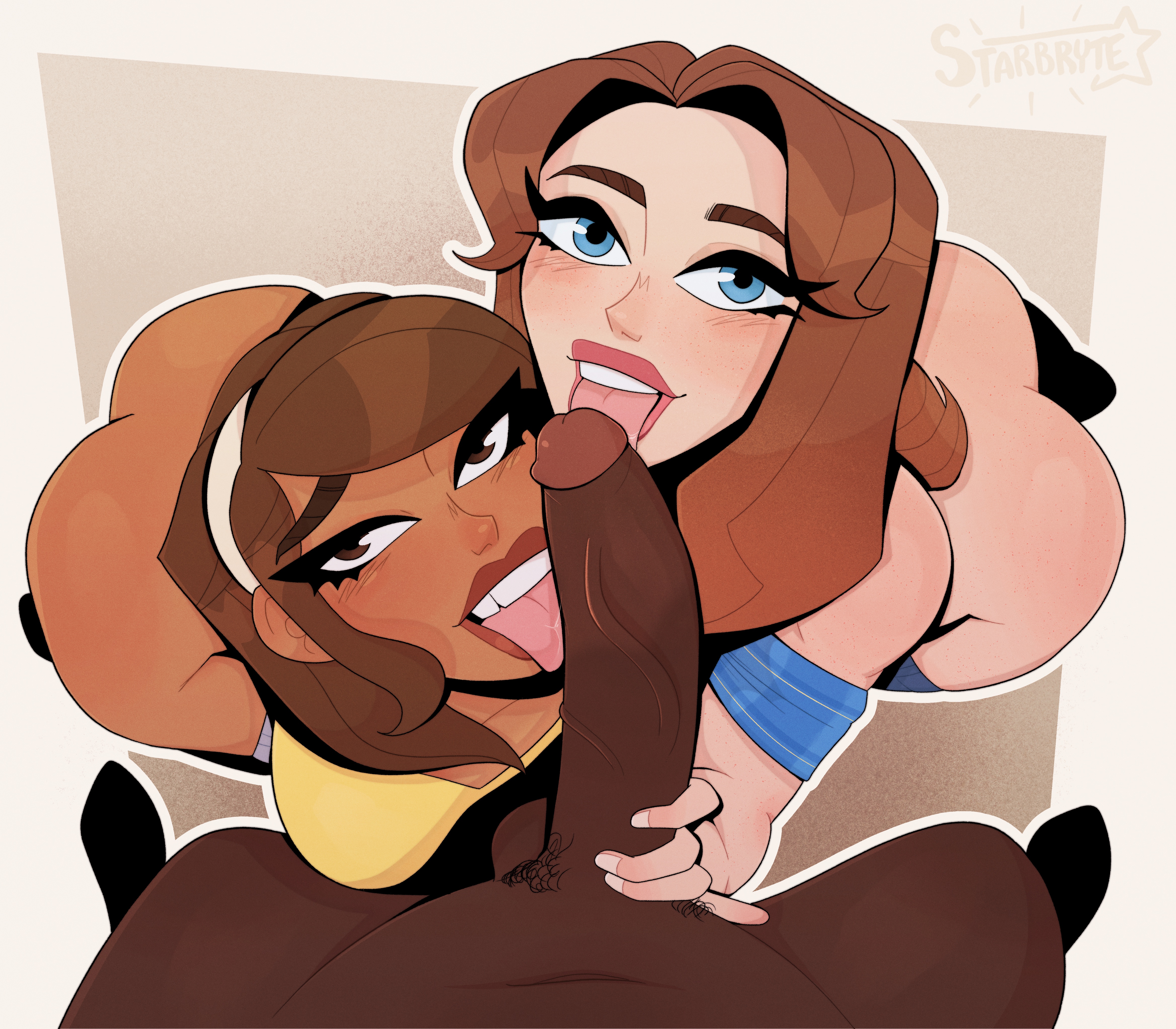 2boys, big ass, big butt, big penis, blue eyes, brown eyes, brown hair, brown skin, dark-skinned male, fellatio, femboy, femboy on male, freckles, gay, licking penis, original, original character, original characters, pale-skinned femboy, siobhan (starbryte), starbryte, tooth gap
