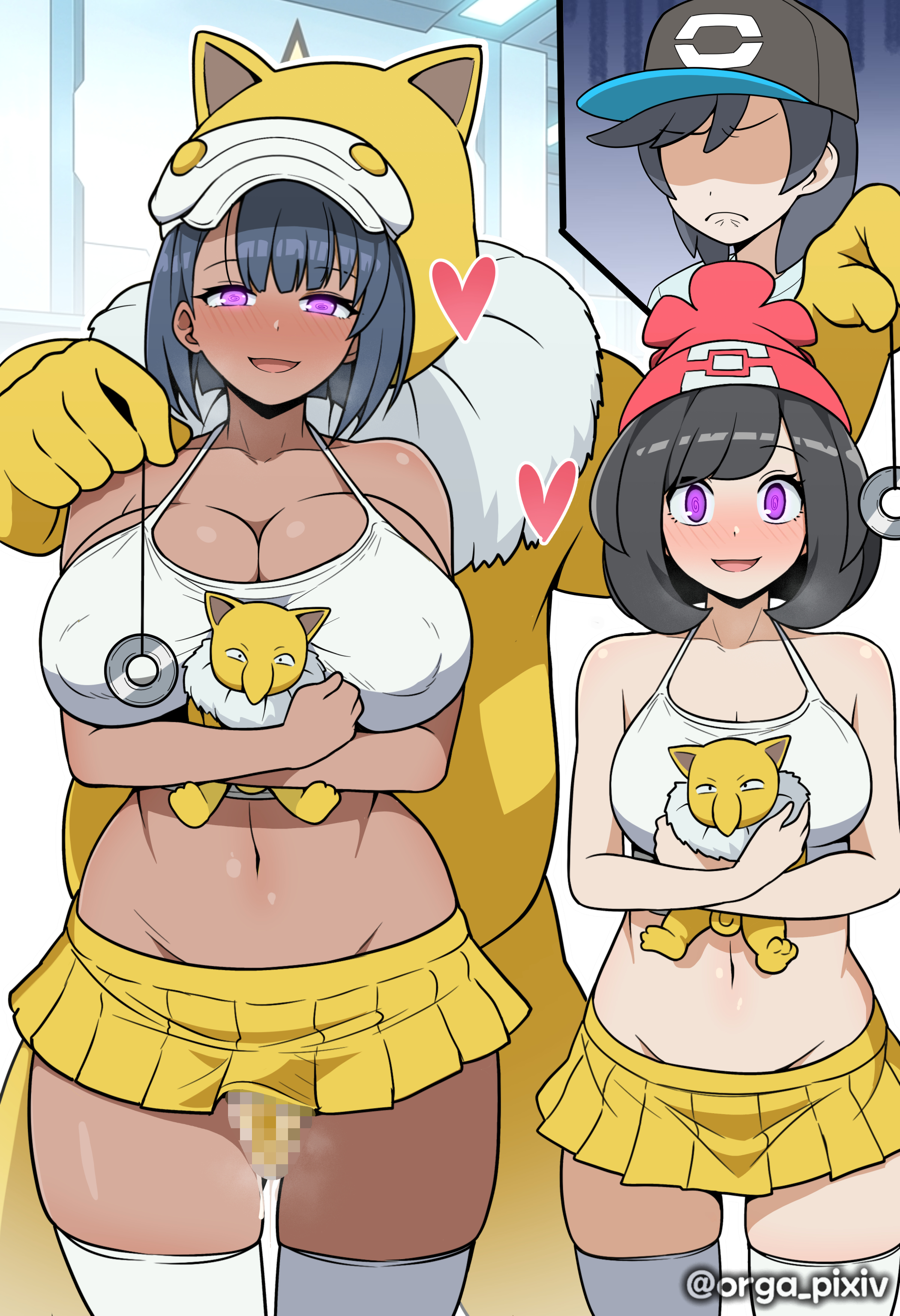 1boy, 2girls, aether foundation, aether foundation employee, aether foundation employee (female), cap, captured heroine, censored, clothed female, defeated heroine, doll, dr.orga (everyday2), elio (pokemon), everyday2, exposed midriff, female, femsub, holding object, hypno, hypnosis, hypnotic accessory, hypnotic eyes, hypnotized, large breasts, male, maledom, mind control, miniskirt, multiple subs, nintendo, ntr, pale skin, pale-skinned female, pendulum, penis between thighs, pokemon, pokemon (species), pokemon sm, purple eyes, revealing clothes, selene (pokemon), sex slave, skirt, spiral eyes, submissive female, tan body, tan skin, thighhighs