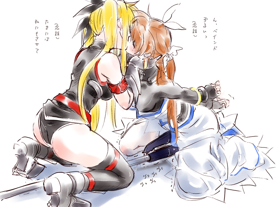 blonde_hair bondage brown_hair fate_testarossa female female_only gloves kissing lyrical_nanoha mahou_shoujo_lyrical_nanoha mahou_shoujo_lyrical_nanoha_strikers multiple_girls nanoha_takamachi ribbon takamachi_nanoha text thighhighs tied_hair tokoharu translated twintails yuri