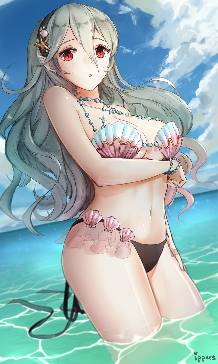 2020 artist_name bikini black_hairband blue_sky breasts cleavage cloud corrin_(fire_emblem) corrin_(fire_emblem)_(female) corrin_(summer)_(fire_emblem)_(female) day female fire_emblem fire_emblem_cipher fire_emblem_fates hairband ippers long_hair nintendo outdoors pointy_ears red_eyes shell shell_bikini sky solo swimsuit wading water white_hair