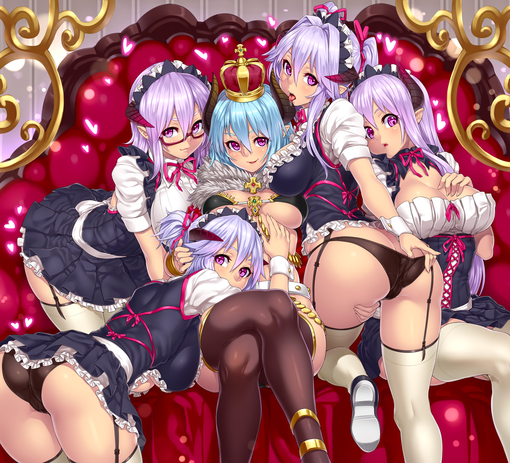 5girls, ass, black legwear, black panties, blue hair, breasts, cape, cleavage, closed mouth, color, crossed legs, crown, eyewear, female, female only, fur trim, garter straps, glasses, highres, horns, houtengeki, jewelry, large breasts, legwear, licking, long hair, looking at viewer, lots of jewelry, maid, maid headdress, multiple females, multiple girls, open mouth, original, panties, pink eyes, pointy ears, purple hair, short hair, silver hair, sitting, skirt, smile, thighhighs, tongue, tongue out, underwear, white legwear, wrist cuffs, yuri