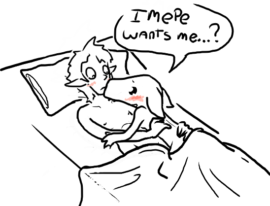 1ambiguous 1boy anthro bed blush dwarf_fortress elf english_text in_bed interspecies kobold line_art male/ambiguous pillow simple_background speech_bubble spot_color tagme white_background