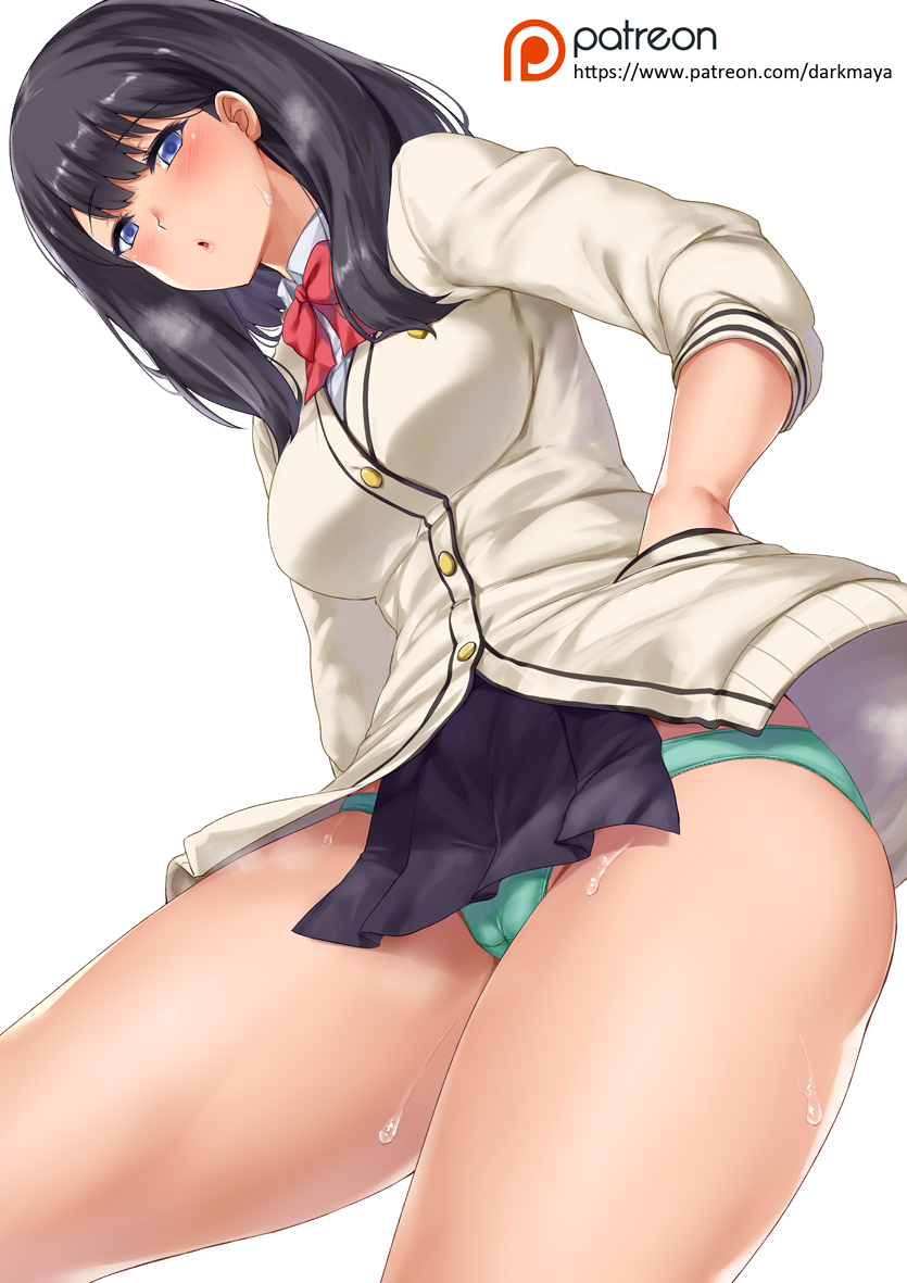 :o, 1girls, adapted costume, artist name, bangs, black hair, black skirt, blue eyes, blush, bow, bowtie, breath, cameltoe, cardigan, collared shirt, darkmaya, eyebrows visible through hair, female, green panties, hands in pockets, long hair, long sleeves, looking at viewer, medium hair, microskirt, miniskirt, panties, pantsu, patreon logo, pelvic curtain, pleated skirt, pussy, red bow, red bowtie, red neckwear, school uniform, shirt, simple background, skirt, solo, ssss.gridman, straight hair, sweat, takarada rikka, thighs, underwear, uniform, watermark, web address, white background, white cardigan, white shirt