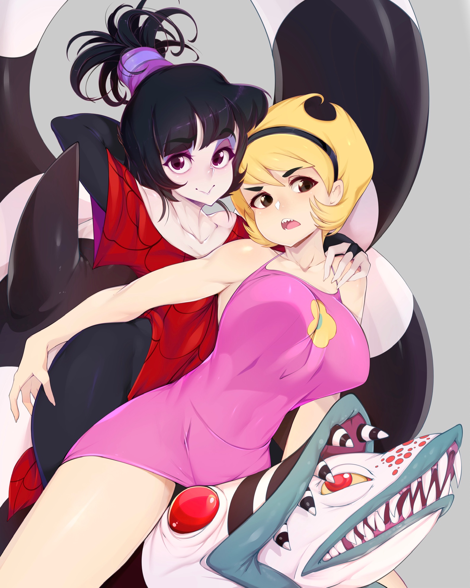 2girls, aged up, beetlejuice, black lipstick, blonde hair, breasts, brown eyes, clothed, clothing, covered navel, crossover, dress, eyeshadow, female, goth, headband, high resolution, human, lipstick, looking at viewer, lydia deetz, makeup, mandy, mandy (billy and mandy), medium breasts, pale skin, pink dress, ponytail, purple eyes, sharp teeth, shiny, shiny hair, shiny skin, short dress, short hair, simple background, slugbox, spider web poncho dress, teeth, the grim adventures of billy and mandy, tied hair, tim burton, very high resolution, white background