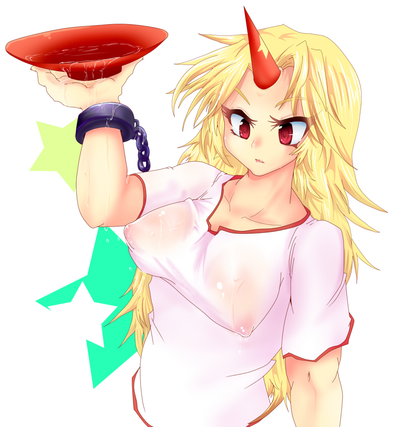 blonde_hair chains cuffs cute_fang dish erect_nipples eyelashes female horn hoshiguma_yuugi nabe_(ingenmame) no_bra oni red_eyes sake see-through see-through_clothing solo touhou