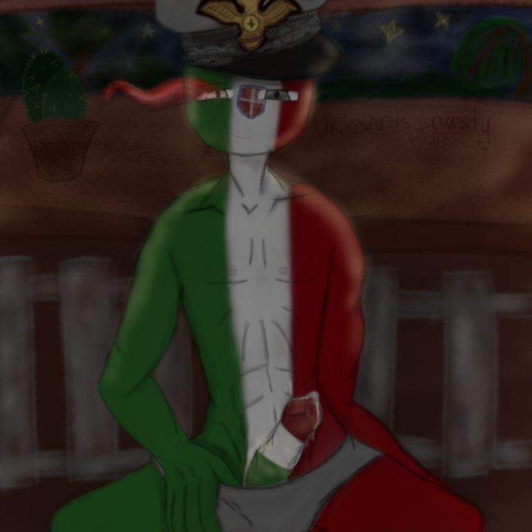 1boy athletic big_penis countryhumans edging erection fascist_italy_(countryhumans) grey_eyes hat male military_hat nipples nude precum precum_drip smirk solo spread_legs underwear