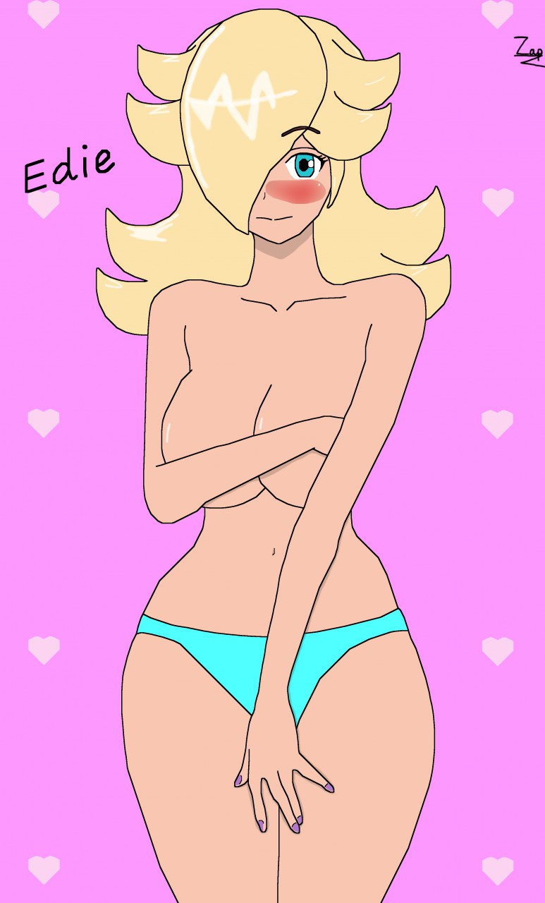 1girls arms_over_chest blonde_hair blue_eyes blue_panties blush breasts covering covering_breasts covering_crotch female female_only hair_over_one_eye heart looking_at_viewer mario_(series) nintendo panties pink_background princess_rosalina simple_background solo standing super_mario_galaxy topless topless_female undressing zap92
