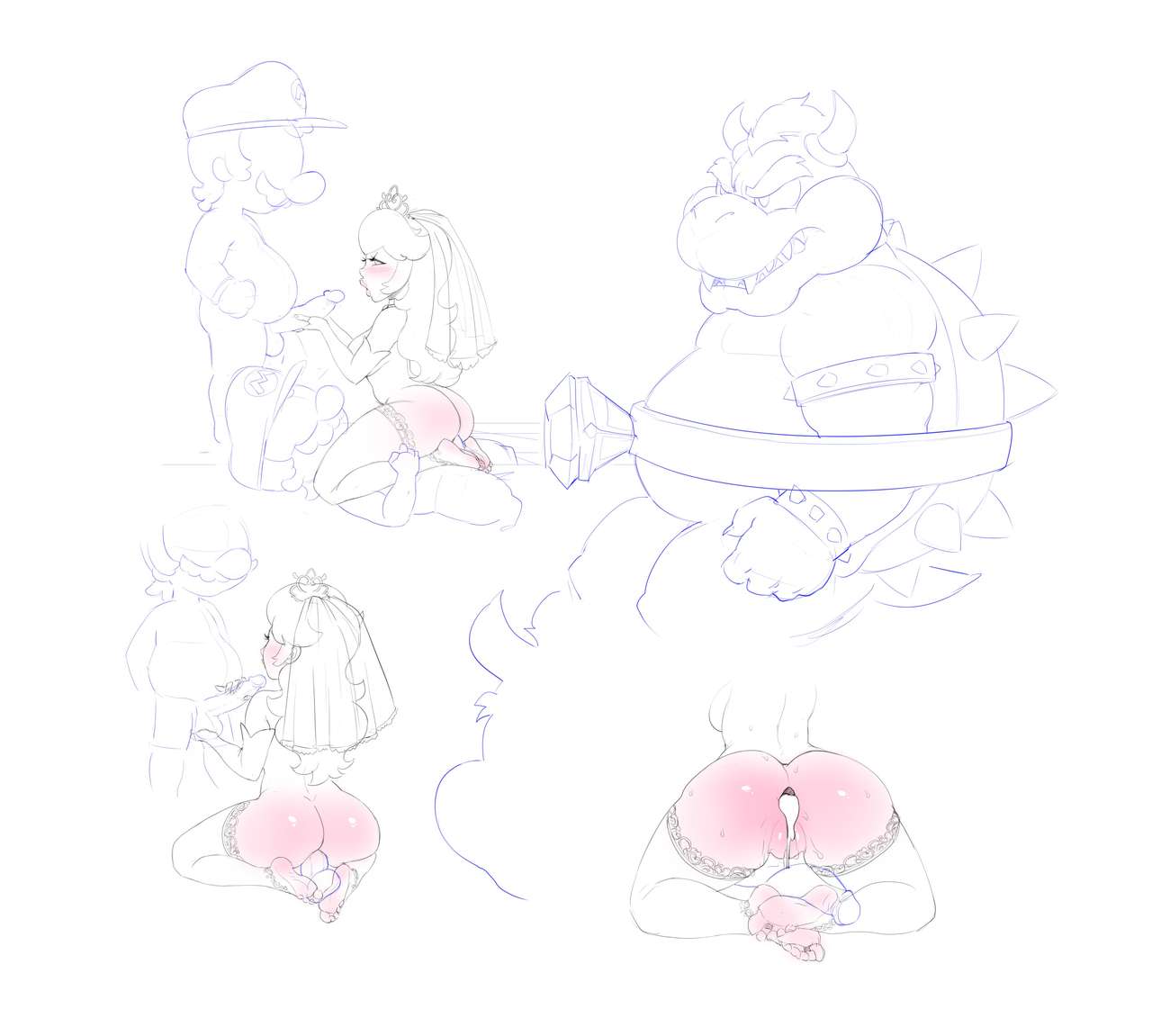 anus, ass, balls, balls grab, bowser, cowgirl position, cum, cum in ass, cum inside, erection, fat male, feet on balls, feet on legs, female, footjob, handjob, legoman, male, male/female, mario, mario (series), monochrome, nintendo, not colored, penis, princess peach, super mario odyssey, testicles, white background