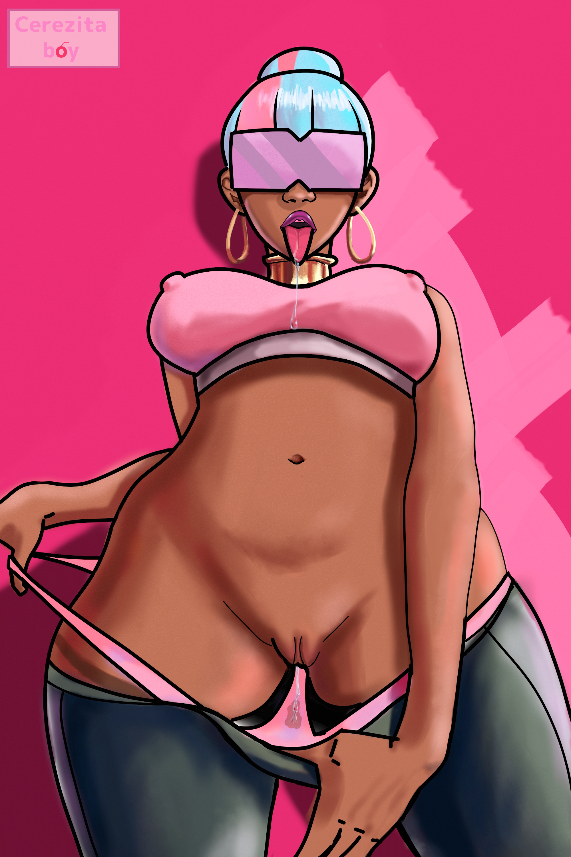blue hair, cerezita boy, erect nipples, erect nipples under clothes, female, glasses, league of legends, nipples, panties, panties down, pants down, pants pull, panty pull, pink panties, pink-tinted eyewear, presenting pussy, pussy, pussy juice, qiyana yunalai, saliva, solo, sunglasses, tinted eyewear, true damage qiyana, true damage series, wet panties