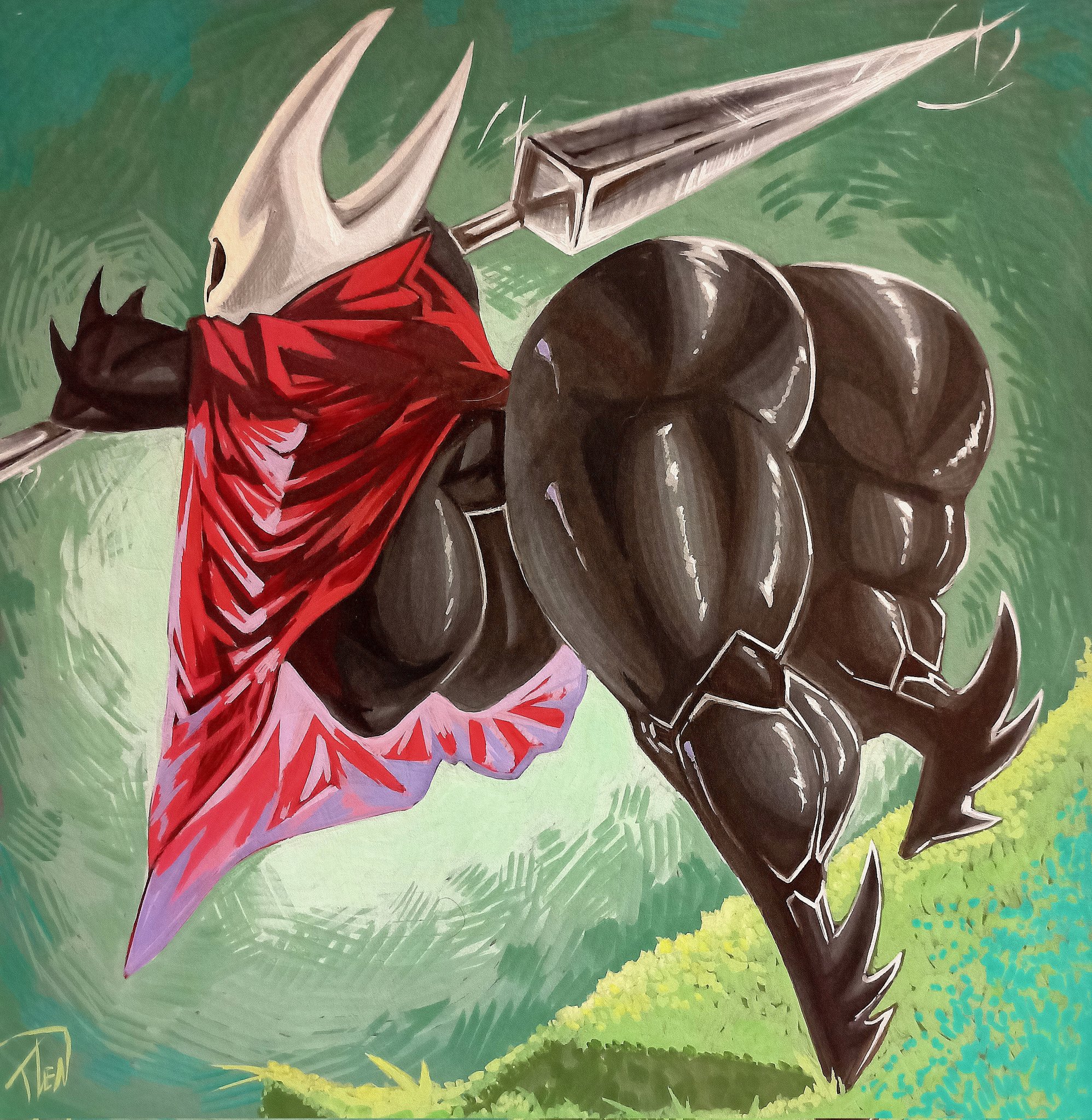 1girls, 2025, armored boots, artist name, artist signature, ass, ass focus, big ass, big breasts, boots, breasts, breasts visible from back, bug, bug girl, curvaceous, curvy, curvy female, curvy figure, female, floral background, grass, green background, hollow knight, hollow knight: silksong, hornet (hollow knight), horns, huge ass, melee weapon, nail (weapon), red clothing, red veil, shiny ass, shiny skin, spear, team cherry, thick ass, thick thighs, thighs, tlen borowski, traditional media (artwork), transparent clothing, veil, weapon