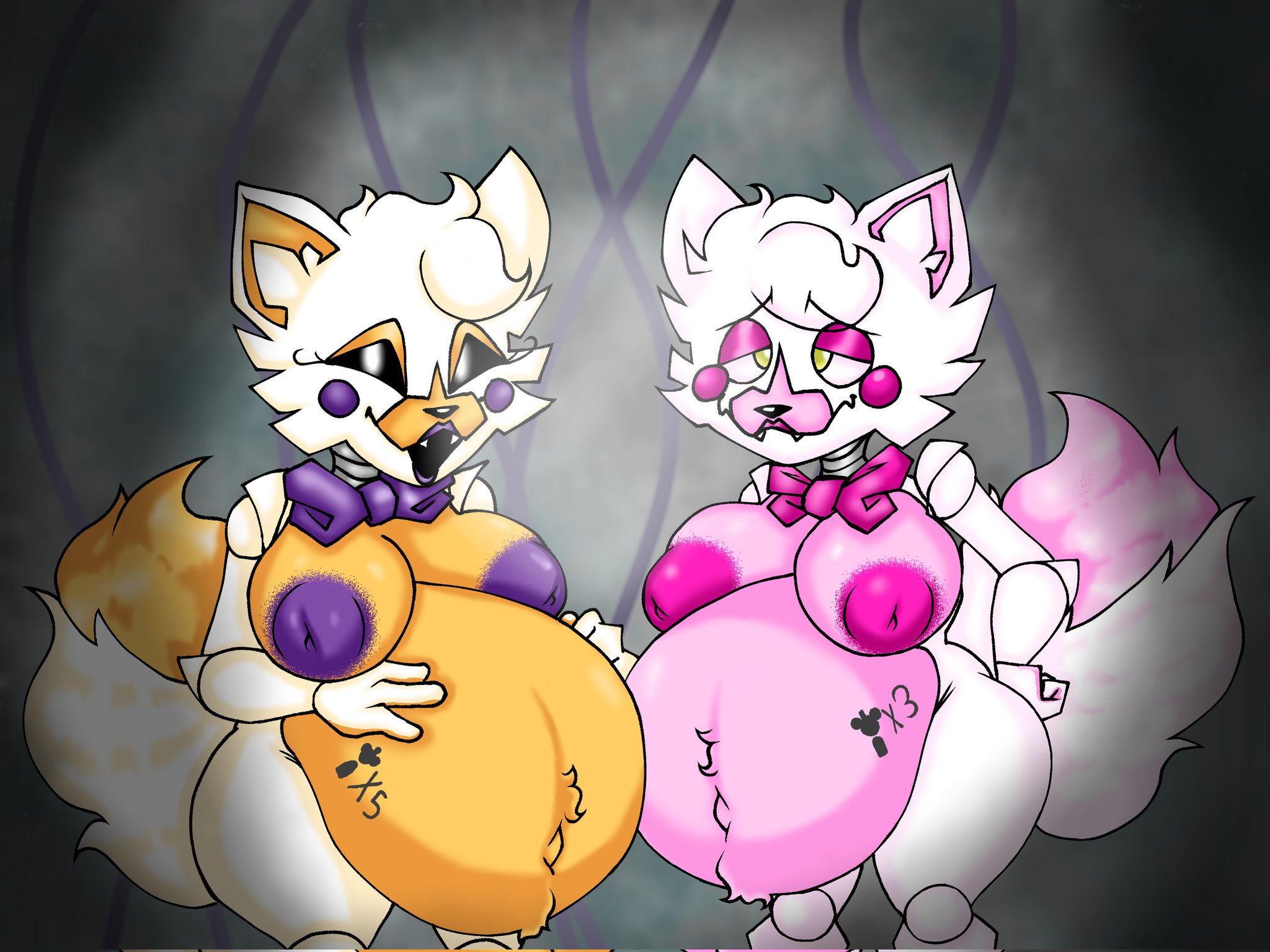 2girls, 2pregnancy, anthro, big breasts, bowtie, breasts, canine, ears, female, female fox, female only, five nights at freddy's, five nights at freddy's: sister location, fox, fox girl, funtime foxy (fnaf), funtime foxy (fnafsl), furry, galladelover23, genderswap, genderswap (mtf), hands on butt, lolbit (fnaf), looking at viewer, multiple females, multiple girls, multiple pregnancies, naked, naked female, nipples, nude, nude female, open mouth, orange fur, pink fur, pregnant, pregnant anthro, pregnant belly, pregnant female, rule 63, short hair, tail, thick thighs, two-tone body, two-tone fur, two-tone tail, vixen, white body, white fur, white hair