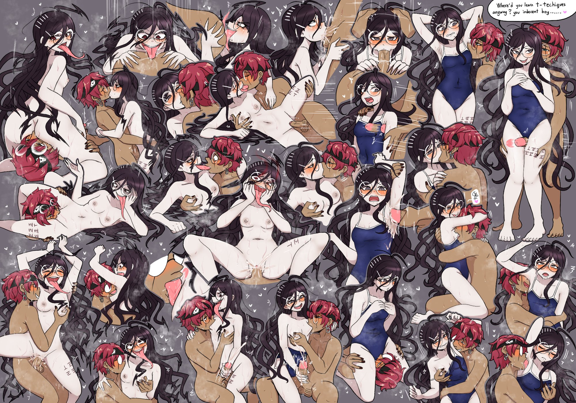 1boy, 1girls, armpit licking, armpits, arms up, ass, black hair, breast sucking, breasts, cum, cum in pussy, cum inside, cunnilingus, danganronpa, danganronpa (series), danganronpa 1, danganronpa: trigger happy havoc, dialogue, facesitting, female, fukawa touko, genocider shou, glasses, handjob, hugging, ivancyxic, kissing, licking armpit, long tongue, male, missionary position, nude, on side, one-piece swimsuit, original character, pussy, rimming, school swimsuit, spread legs, swimsuit, tally marks, text, vaginal penetration