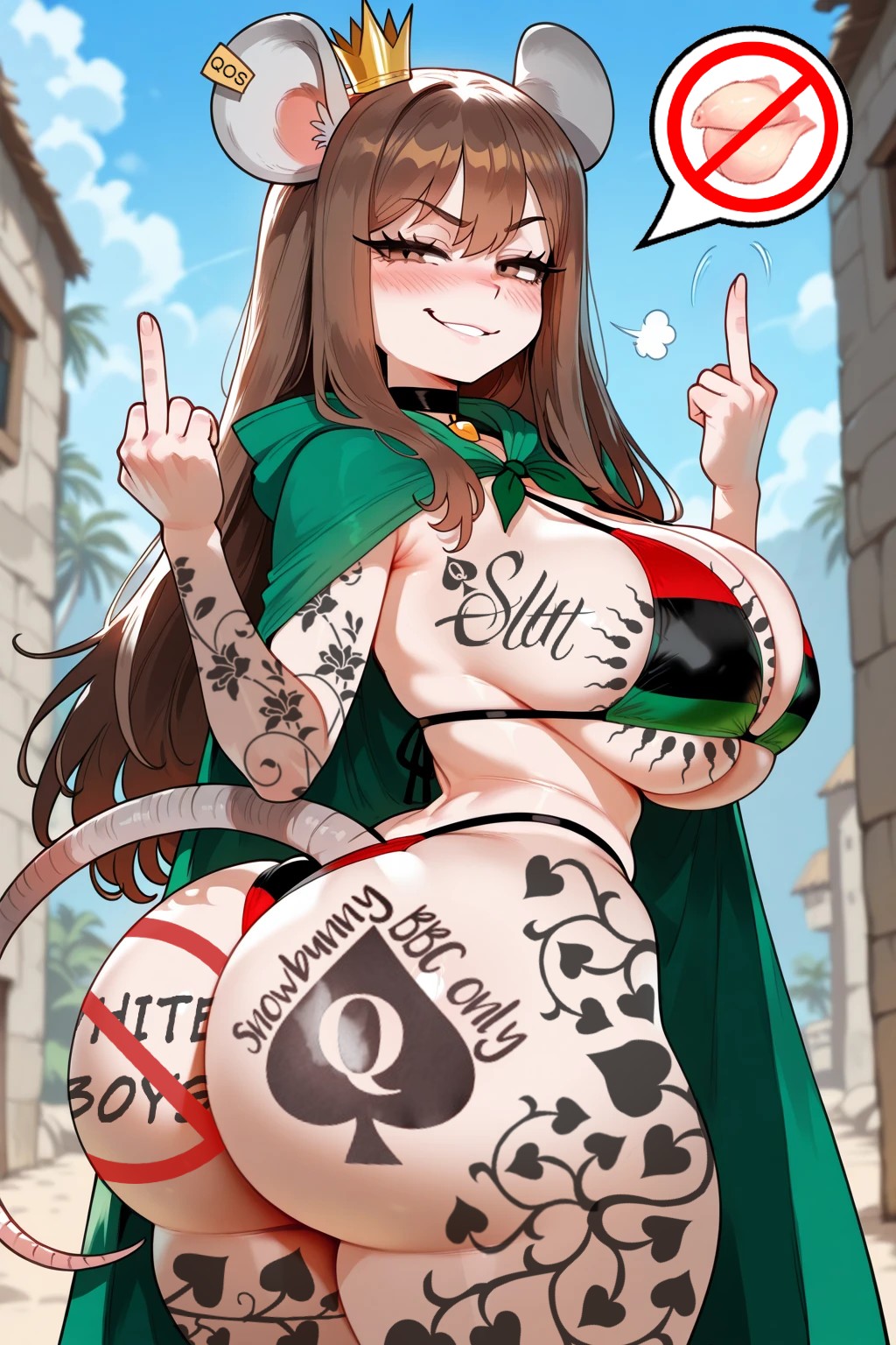 ai generated, ass, ass focus, bbc tattoo, big ass, big breasts, big butt, bikini, bikini bottom, bikini top, breasts, brown eyes, brown hair, butt cheeks, butt focus, buttcheeks, buttocks, cape, choker, crown, curvaceous, curvaceous body, curvaceous female, curvaceous figure, curvy, curvy body, curvy female, curvy figure, female, green cape, huge ass, huge breasts, huge butt, large ass, large breasts, large butt, large tits, long hair, male, middle finger, pan african colors, pan-african colors, pan-african flag, pan-african flag bikini, penis, qos tattoo, queen of spades, queen of spades symbol, queen of spades tattoo, rat ears, rat tail, slut tattoo, small penis humiliation, smile, smirk, snowbunny, solo, tattoo, tattoo on arm, tattoo on breast, tattoo on butt, tattoos, thick ass, thick breasts, thick butt, thick tits, vine tattoo