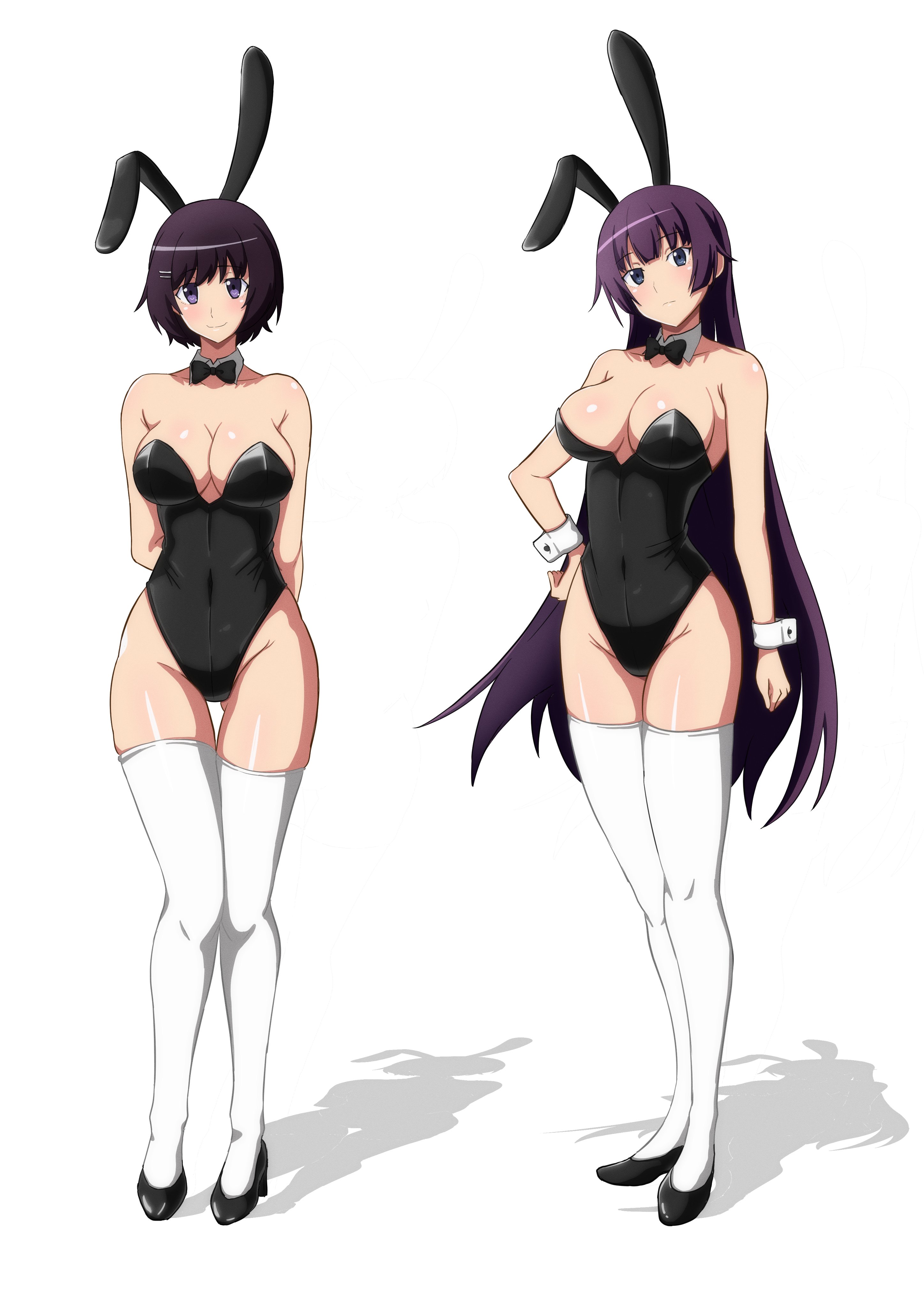 2girls, absurdres, animal ears, arms behind back, black bow, black bowtie, black hair, black leotard, black shoes, blue eyes, bow, bowtie, breasts, cleavage, closed mouth, collar, commentary request, covered navel, detached collar, fake animal ears, female, full body, hanekawa tsubasa, highres, kakukakusan, large breasts, leotard, long hair, monogatari (series), multiple females, multiple girls, playboy bunny, purple eyes, purple hair, rabbit ears, senjougahara hitagi, shoes, short hair, simple background, smile, thighhighs, thighs, white background, white collar, white thighhighs, wrist cuffs