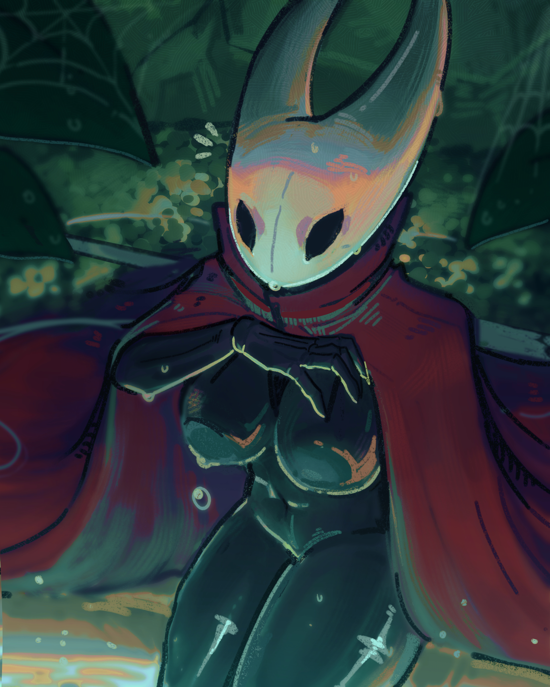 1girls, 2025, big breasts, black body, black skin, breasts, cloak, darumeko, female, hand on breast, hi res, hollow knight, hollow knight: silksong, hornet (hollow knight), horns, hot spring, red clothing, silksong, spider, spider girl, sweat