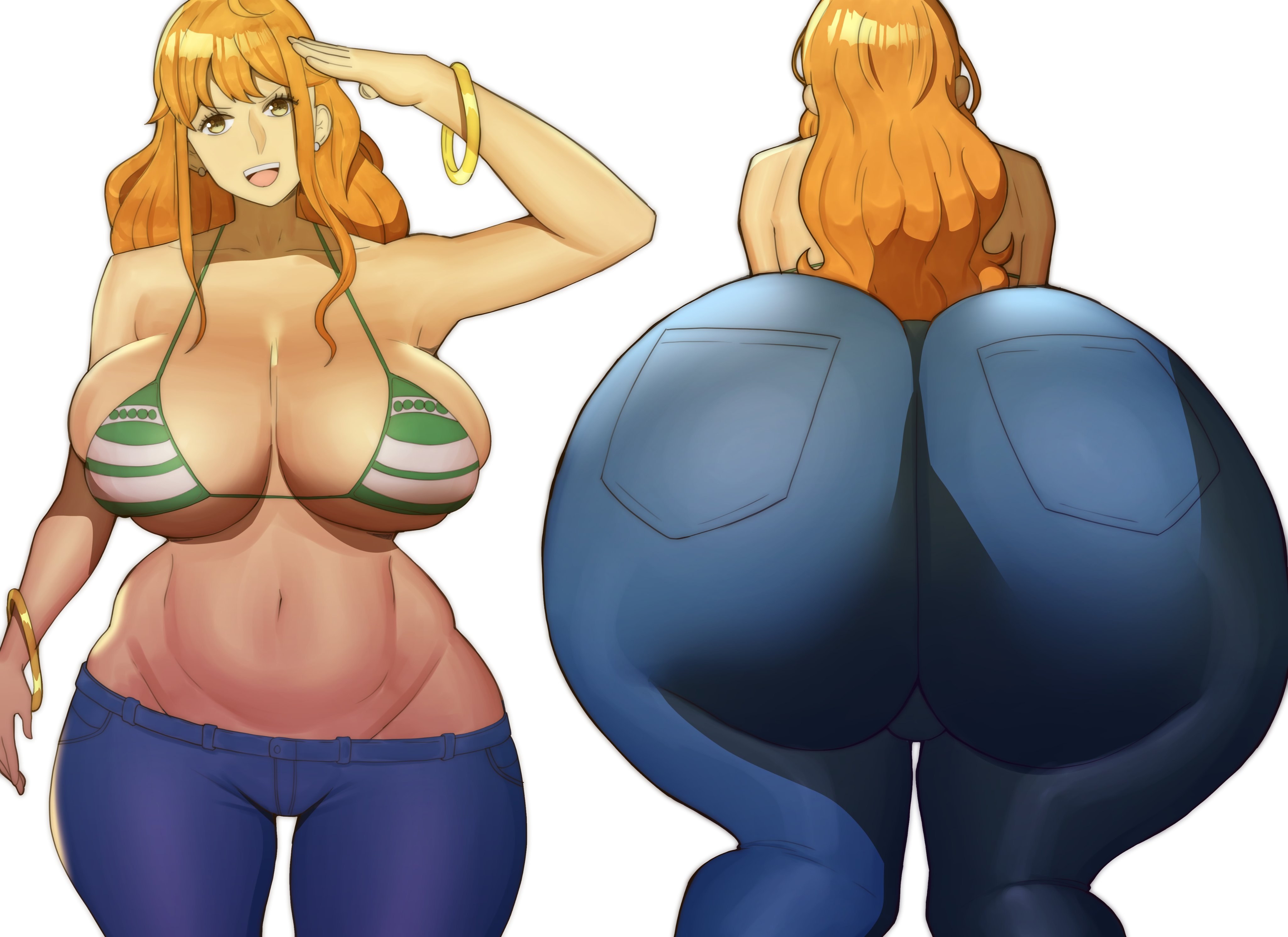 1girls, ass, ass focus, belly, belly button, big ass, big breasts, bikini top, bra, breasts, doublehero, female, female only, huge ass, jeans, long hair, nami (one piece), one piece, post-timeskip, solo, solo female, striped bikini