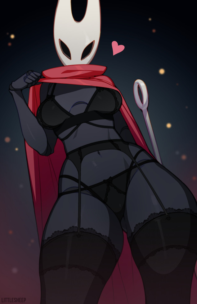 1girls, 2025, big breasts, black body, black skin, breasts, cloak, female, heart, hollow knight, hollow knight: silksong, hornet (hollow knight), horns, lingerie, littlesheep, red clothing, silksong, thick thighs, thighhighs, thighs