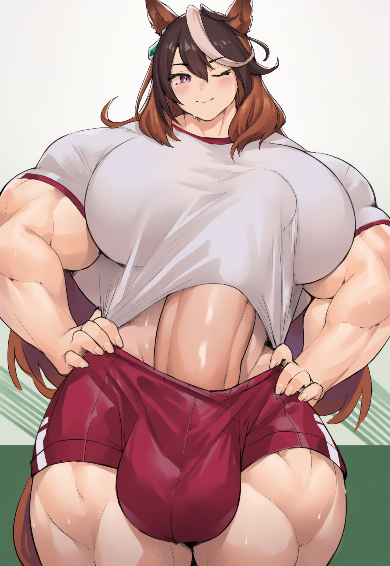 ai generated, balls, breasts, bulge, erection, erection under clothes, futanari, gym clothes, gym uniform, huge balls, huge cock, huge muscles, huge testicles, intersex, large balls, large penis, large testicles, muscles, muscular, muscular futa, one eye closed, penis, penis between breasts, shirt, shorts, sweat, symboli rudolf (umamusume), tenting, testicles, two-know, umamusume, umamusume pretty derby