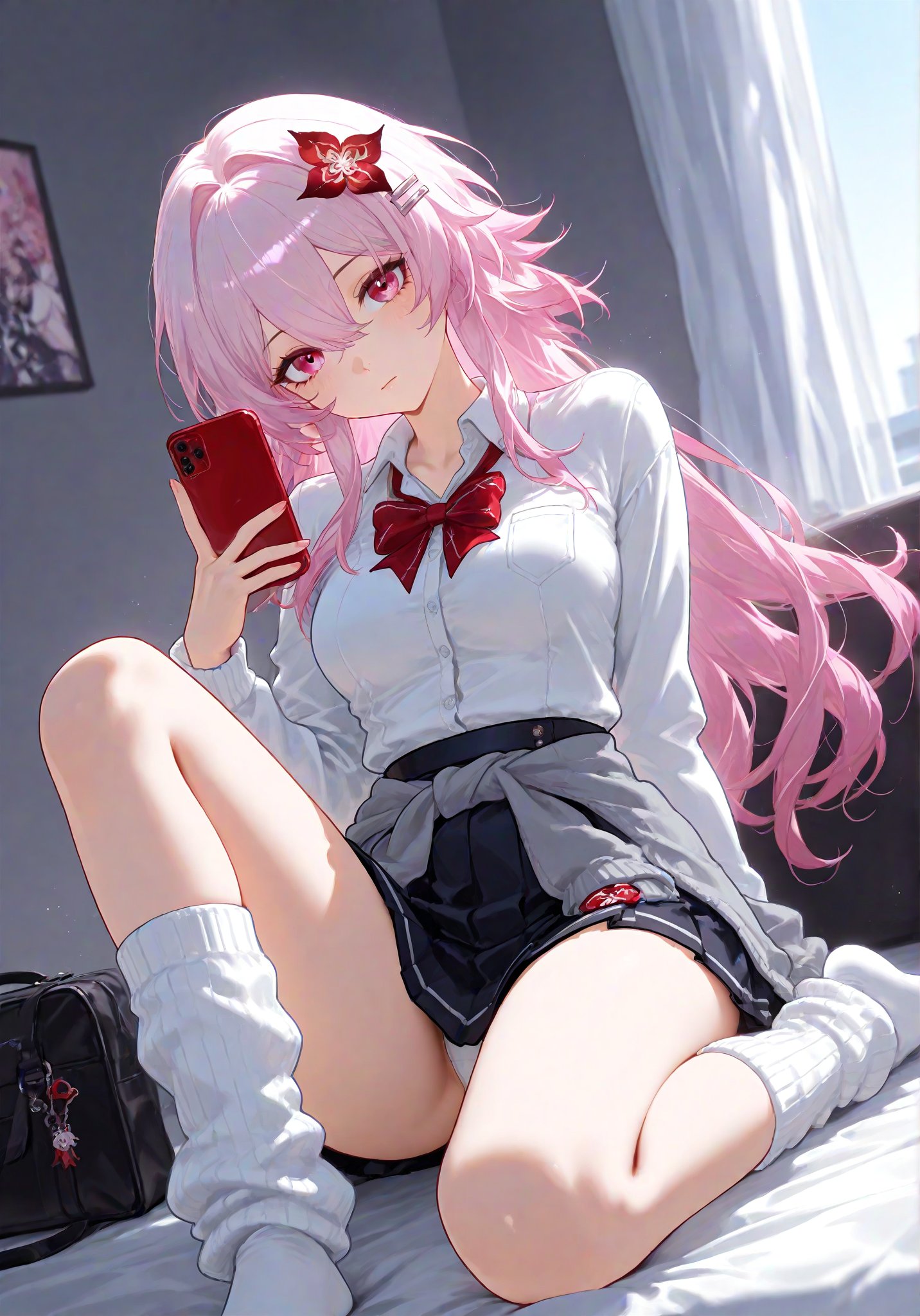 1girls, ai generated, evernight (honkai: star rail), female, honkai: star rail, hoyoverse, long hair, march 7th (honkai: star rail), mihoyo, pink eyes, pink hair, school uniform, schoolgirl, underwear, upskirt, white underwear