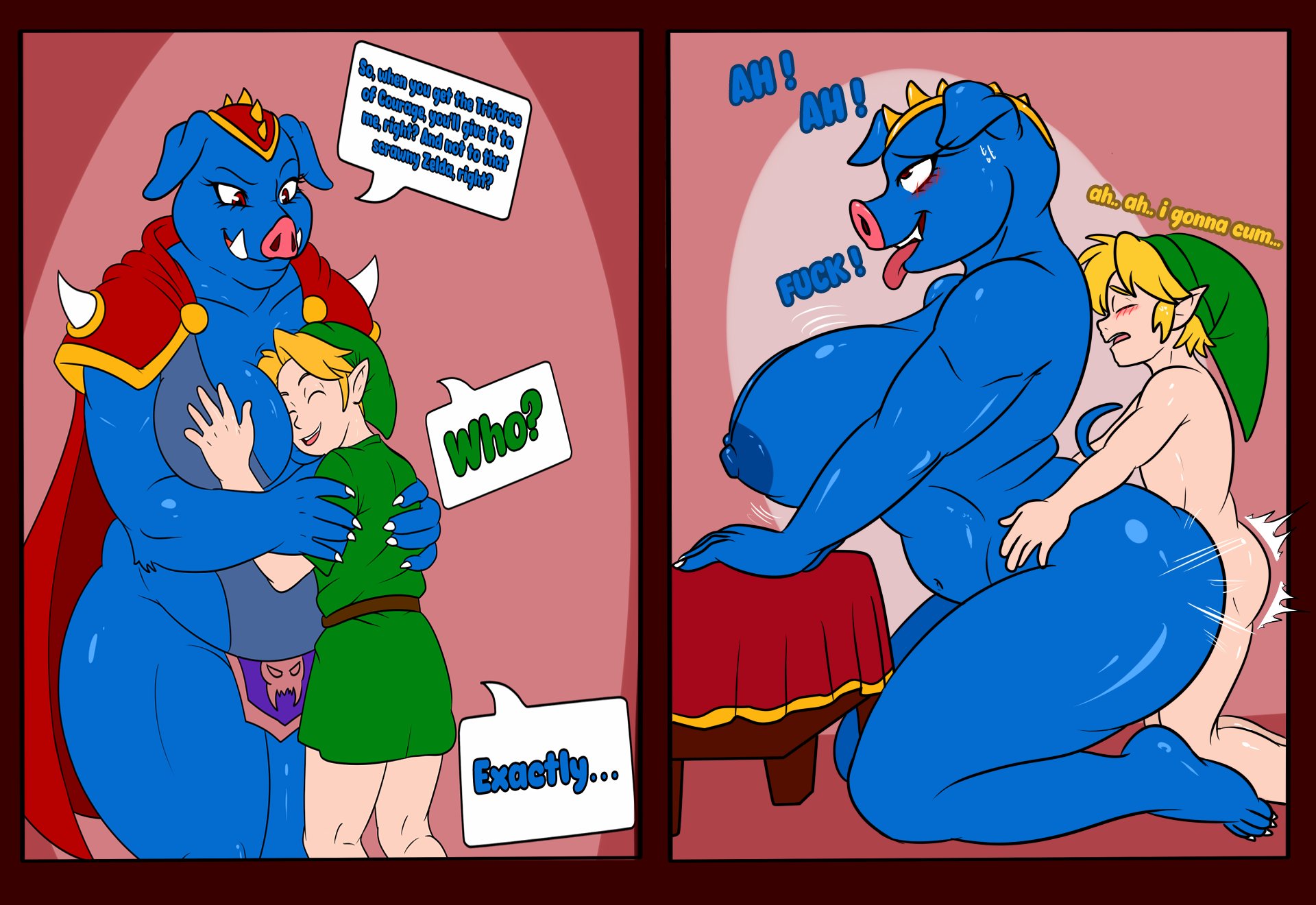 belly overhang, big ass, big belly, big breasts, blue body, blush, breasts, chubby, chubby female, fat ass, female, ganda, ganon, hand on breast, head in cleavage, head on breasts, hero in trouble, huge ass, huge thighs, hugging, hugging another, imminent orgasm, large breasts, laying on breasts, link, loincloth, moan, moaning, moaning in pleasure, monster, monster girl, nintendo, overweight, overweight female, pig, pig ears, pig girl, red eyes, rule 63, sex, sex from behind, smile, soulyagami64, the legend of zelda, the legend of zelda (nes), thick thighs, thunder thighs, tongue, tongue out, tricked, villain win, wobbling breasts