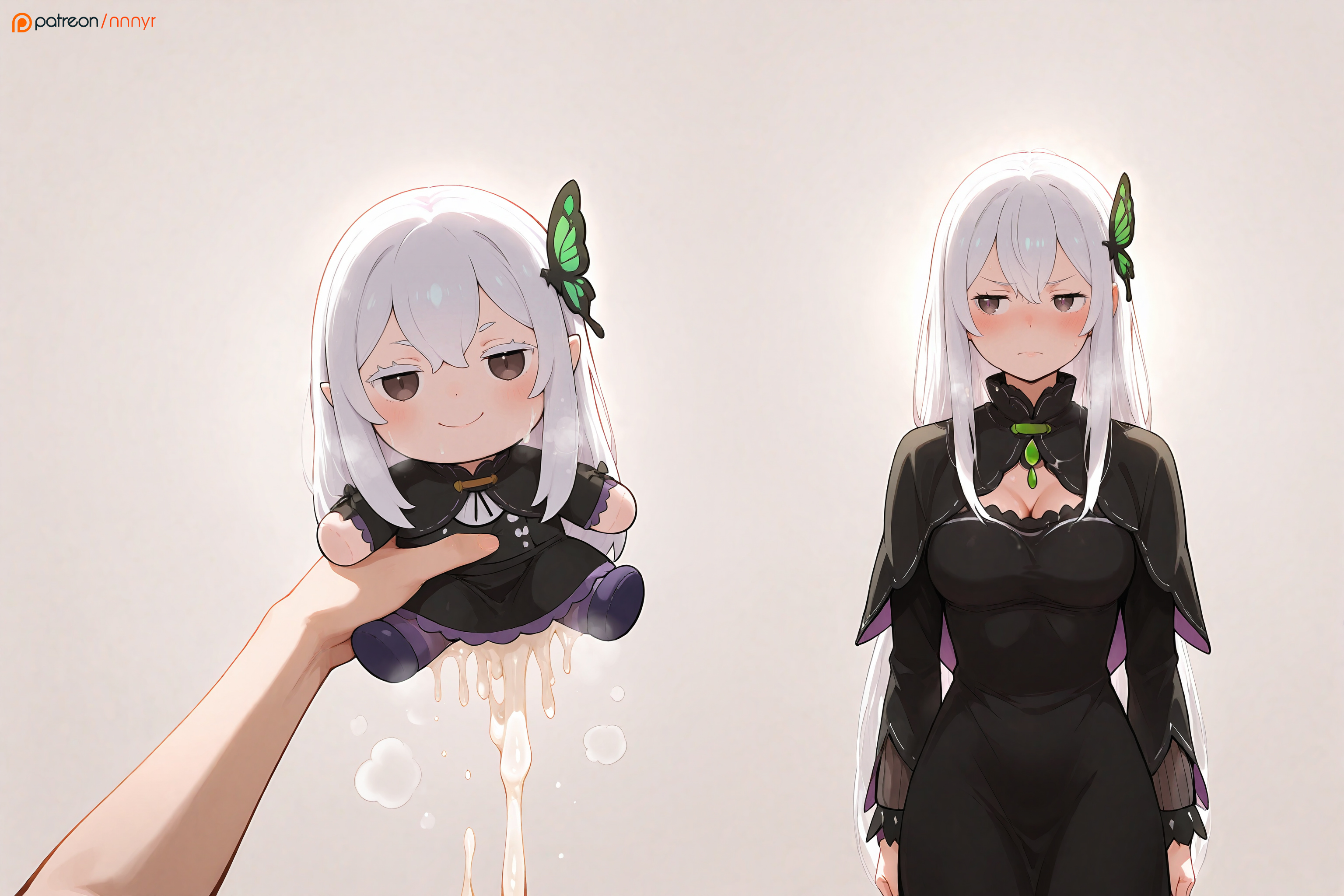 1girls, absurd res, absurd resolution, absurdres, ai generated, black dress, breasts, brown eyes, butterfly hair ornament, character doll, cum, cum drip, cum trail, doll, dress, echidna (re:zero), embarrassed, expressive, female, female focus, female only, hi res, high quality, high resolution, highres, holding plushie, long hair, medium breasts, meme, plushie, plushophilia, pov, re:zero kara hajimeru isekai seikatsu, side-by-side, solo, solo female, solo focus, sparkle, sparkle doll meme, stable diffusion, tagme, white hair