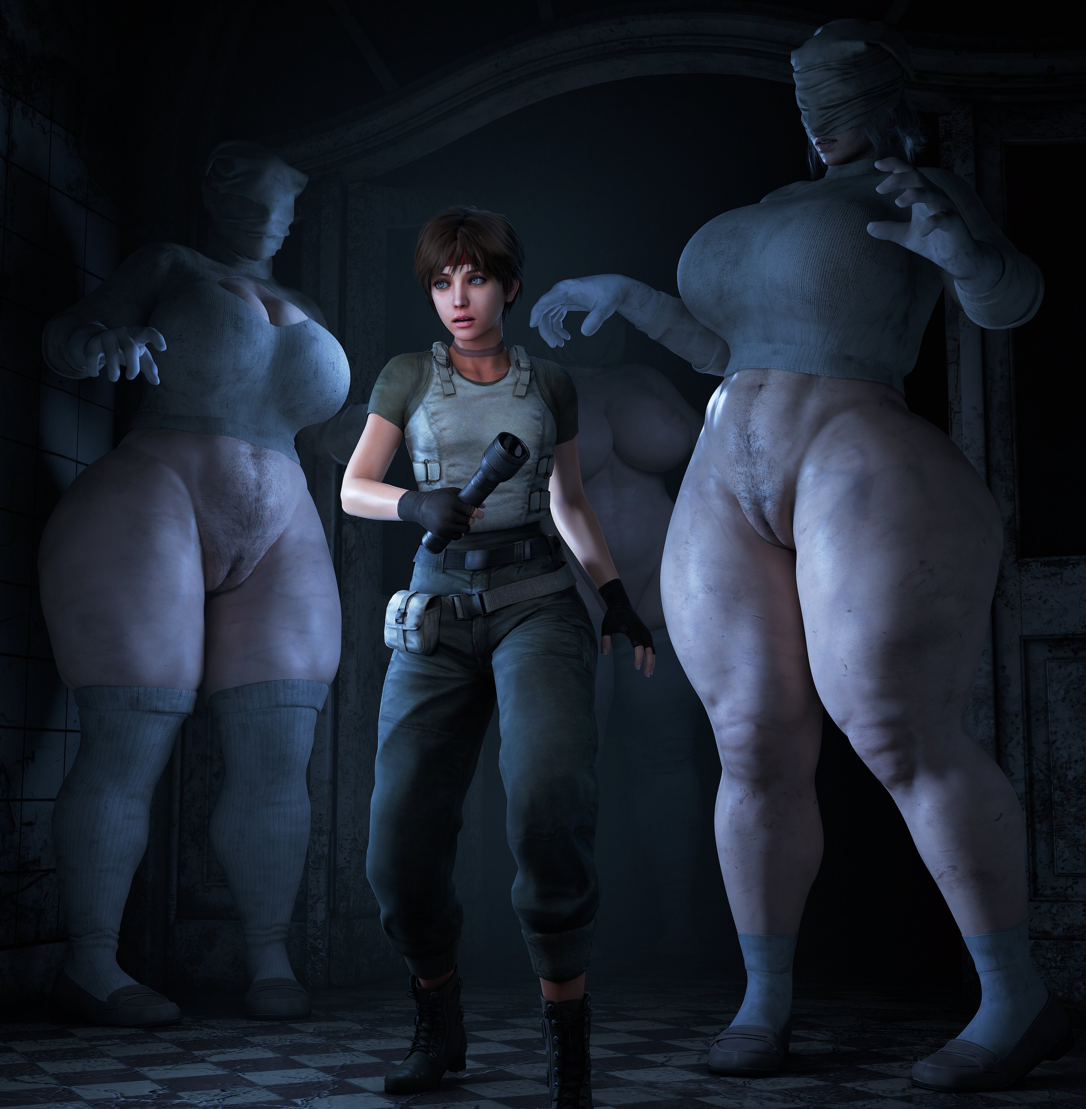 3d, 3d (artwork), 3girls, big breasts, bigger female, bottomless, bottomless female, breasts, bubble head nurse, capcom, clothed, clothed female, female, height difference, huge ass, huge breasts, large boobs, large breasts, larger female, monster, monster on female, naked, naked female, nude, nude female, nudity, nurse (silent hill), rebecca chambers, resident evil, sandreiio, shorter female, silent hill, size difference, smaller female, video game character
