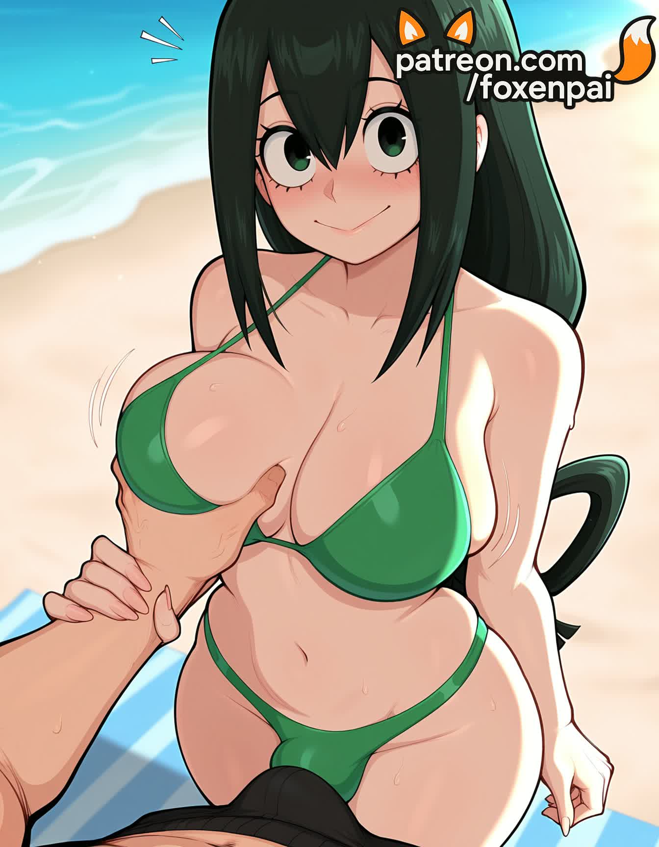 :>, 1boy, 1futa, 2025, ai generated, artist name, beach, bikini, boku no hero academia, breast grab, breasts, bulge, bust, chest, female, foxenpai, futanari, grabbing, green bikini, hi res, high quality, high resolution, highres, intersex, long hair, male, my hero academia, navel, ocean, patreon, patreon username, pov, sand, solo focus, stable diffusion, straight, swimsuit, tsuyu asui, water, watermark