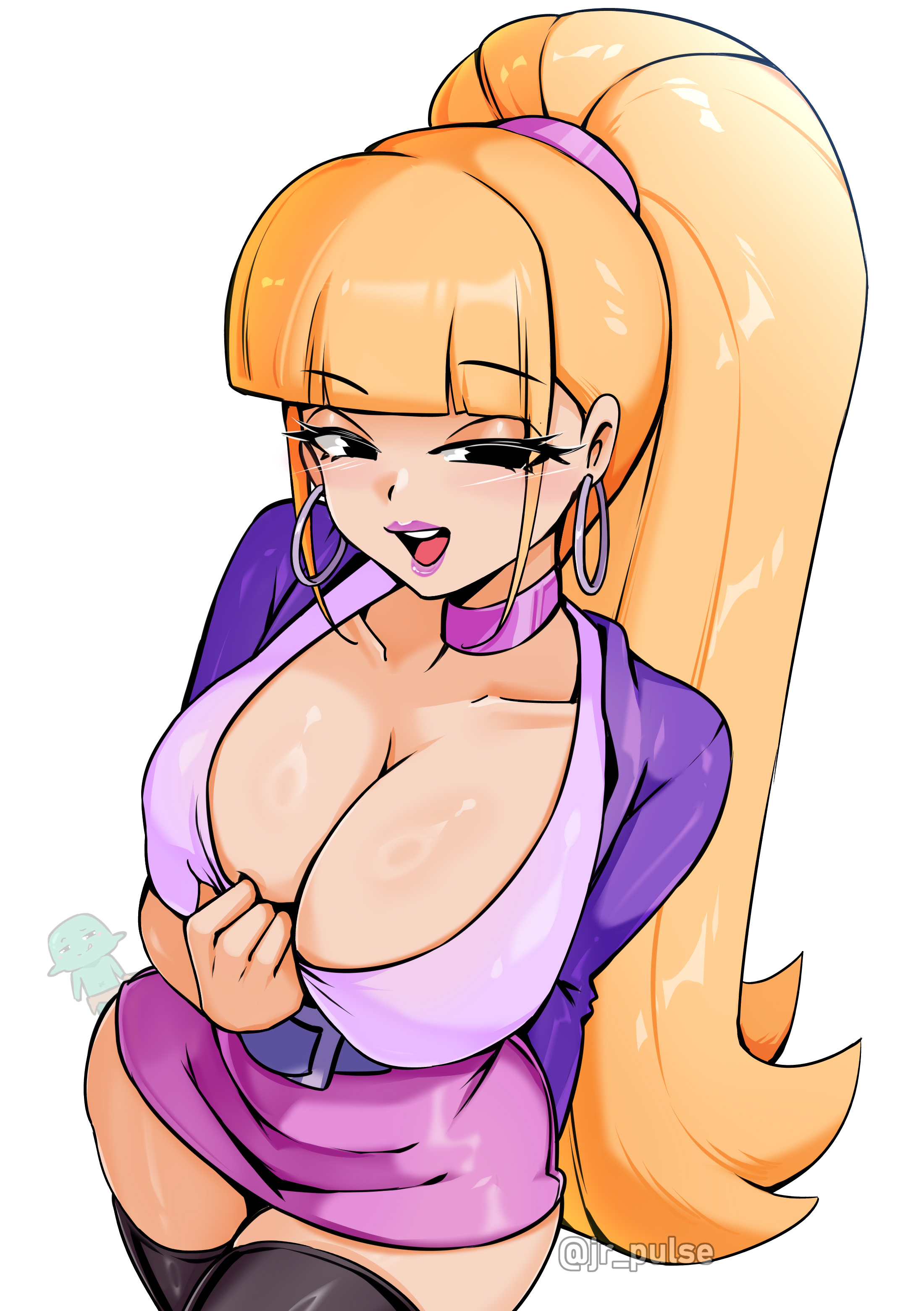 1female, 1girls, 1woman, adult, adult female, aged up, ass, bangs, barely contained breasts, belt, big ass, big breasts, blonde female, blonde hair, blonde hair female, blonde-haired female, breasts, choker, female, female focus, female only, gravity falls, hairband, jacket, jrpuls3, lipstick, long legs, pacifica northwest, pink skirt, pulling clothing, pulling own clothes, purple clothing, purple jacket, skirt, snapped choker, teasing, teasing viewer, waist belt
