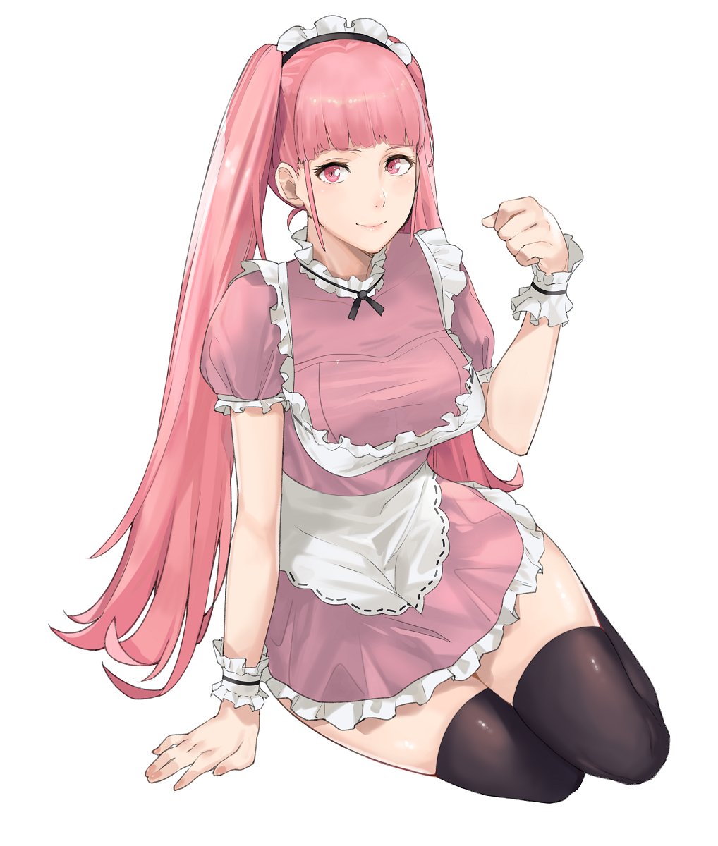 1girls, breasts, dress, female, fire emblem, fire emblem: three houses, fully clothed, hilda valentine goneril, j@ck, large breasts, maid, maid headdress, maid uniform, pink eyes, pink hair, solo, thick thighs, thighhighs, thighs, twintails, wide hips