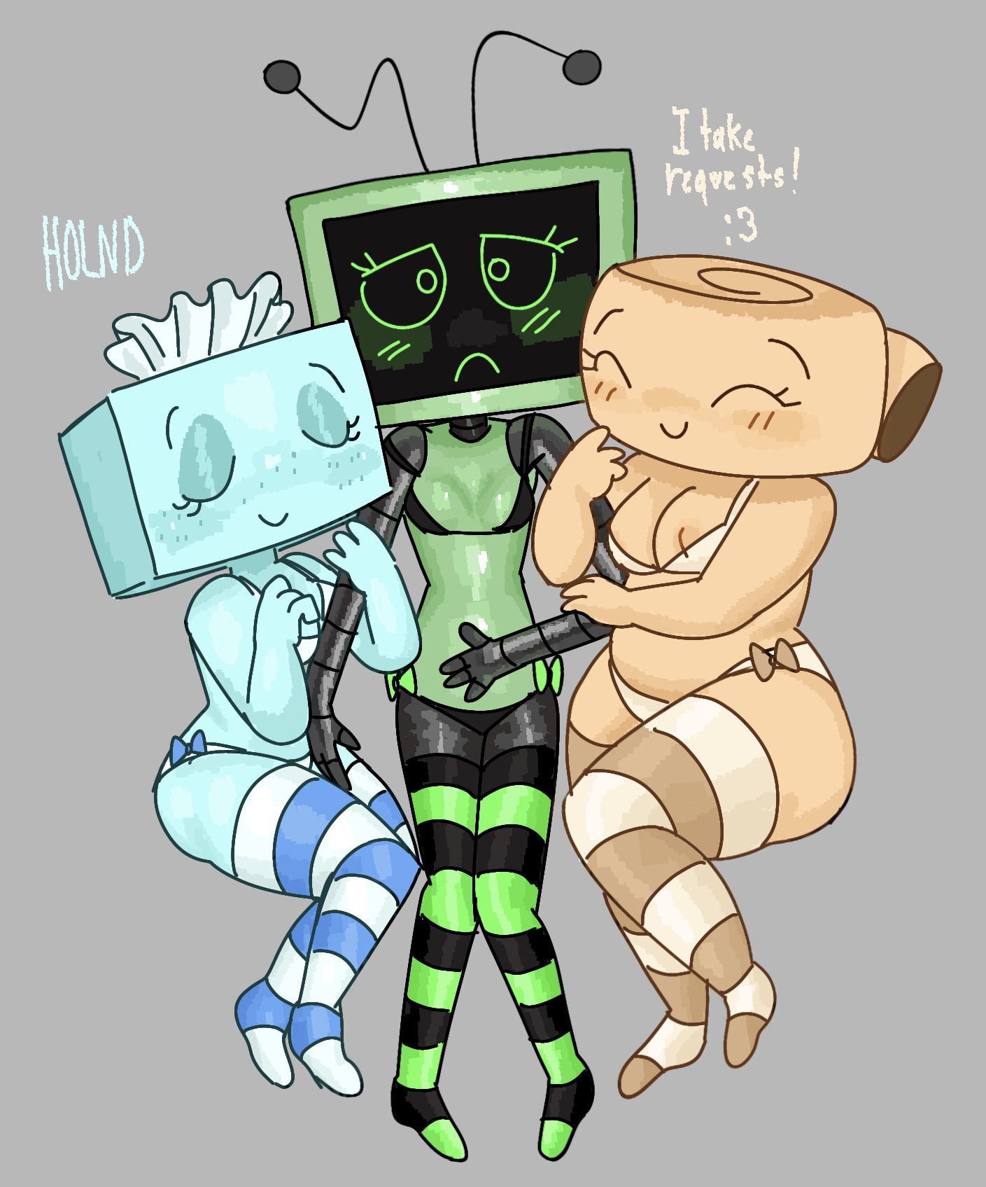 3girls, black and green, blue and white striped thighighs, bow on panty, bow panties, bra, bra and panties, cuddling, dandy's world, dandys world, embarrassed, female, female only, holnd, hugging another, multiple females, multiple girls, nipple slip, no sex, panties, request, requested, roblox, roblox game, shelly (dandy's world), sleeping, sleeping together, striped clothing, striped thigh highs, striped thighhighs, thigh highs, thigh socks, thighhighs, threesome, tisha (dandy's world), tv head, underwear, underwear only, vee (dandy's world), white and blue hair, yuri