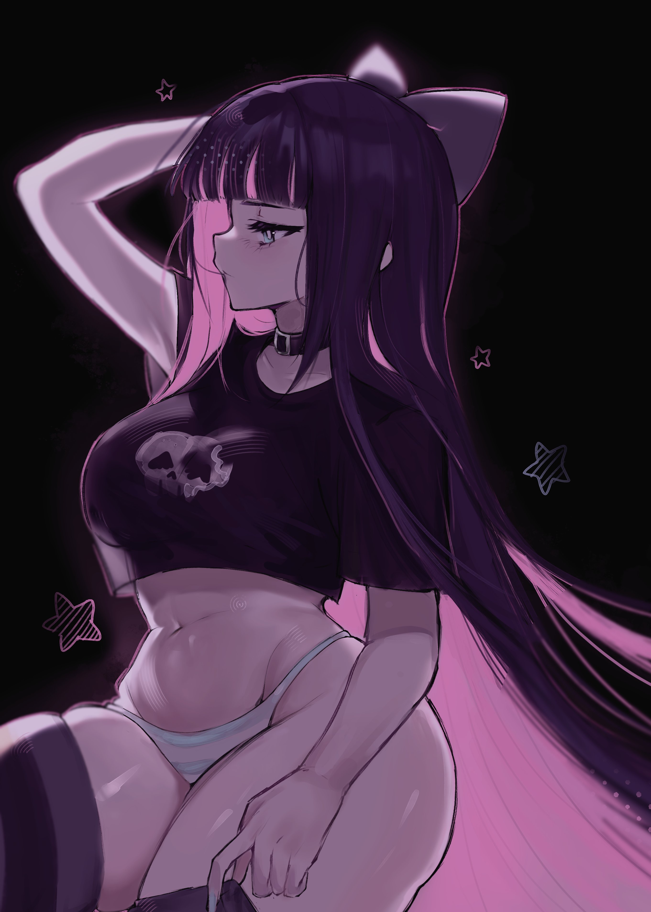 ass visible through thighs, breasts, contrapposto, cropped shirt, expressionless, female, from side, hand on head, hand on thigh, highleg panties, huge ass, large breasts, midriff, nail polish, navel, panty & stocking with garterbelt, sawai, short sleeves, stocking anarchy, thick thighs, thighhighs, tummy, wide hips