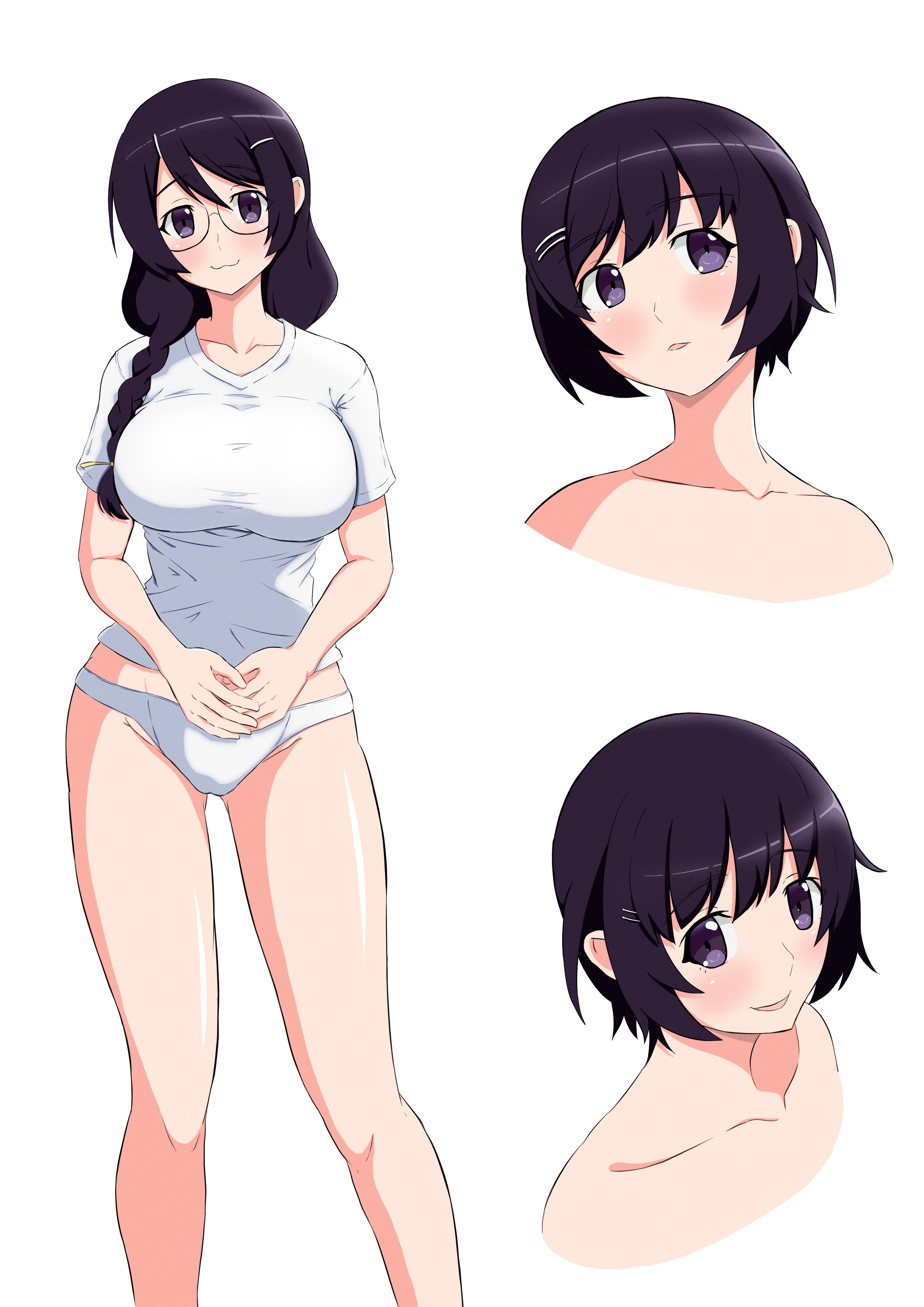 1girls, 2d, 2d (artwork), absurdres, black eyes, black hair, breasts, collarbone, female, glasses, hair ornament, hairclip, hanekawa tsubasa, hi res, highres, kakukakusan, large breasts, long hair, long legs, looking at viewer, monogatari (series), multiple views, no pants, own hands together, panties, shirt, short hair, simple background, smile, solo, standing, thighs, underwear, upper body, white background, white panties, white shirt