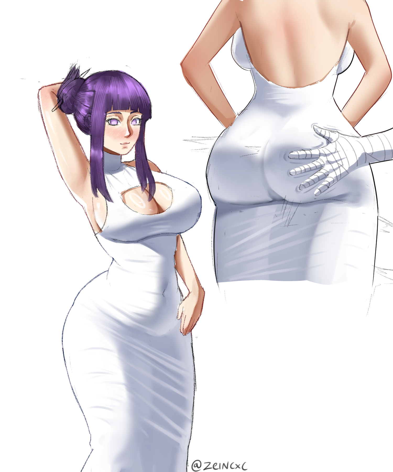1boy, 1girls, ass, before sex, boruto: naruto next generations, canon couple, curvy, curvy figure, dress, female, grabbing ass, huge ass, hyuuga hinata, male, naruto, naruto (series), see-through clothing, slapping butt, uzumaki hinata, uzumaki naruto, waiting for sex, zeincxc