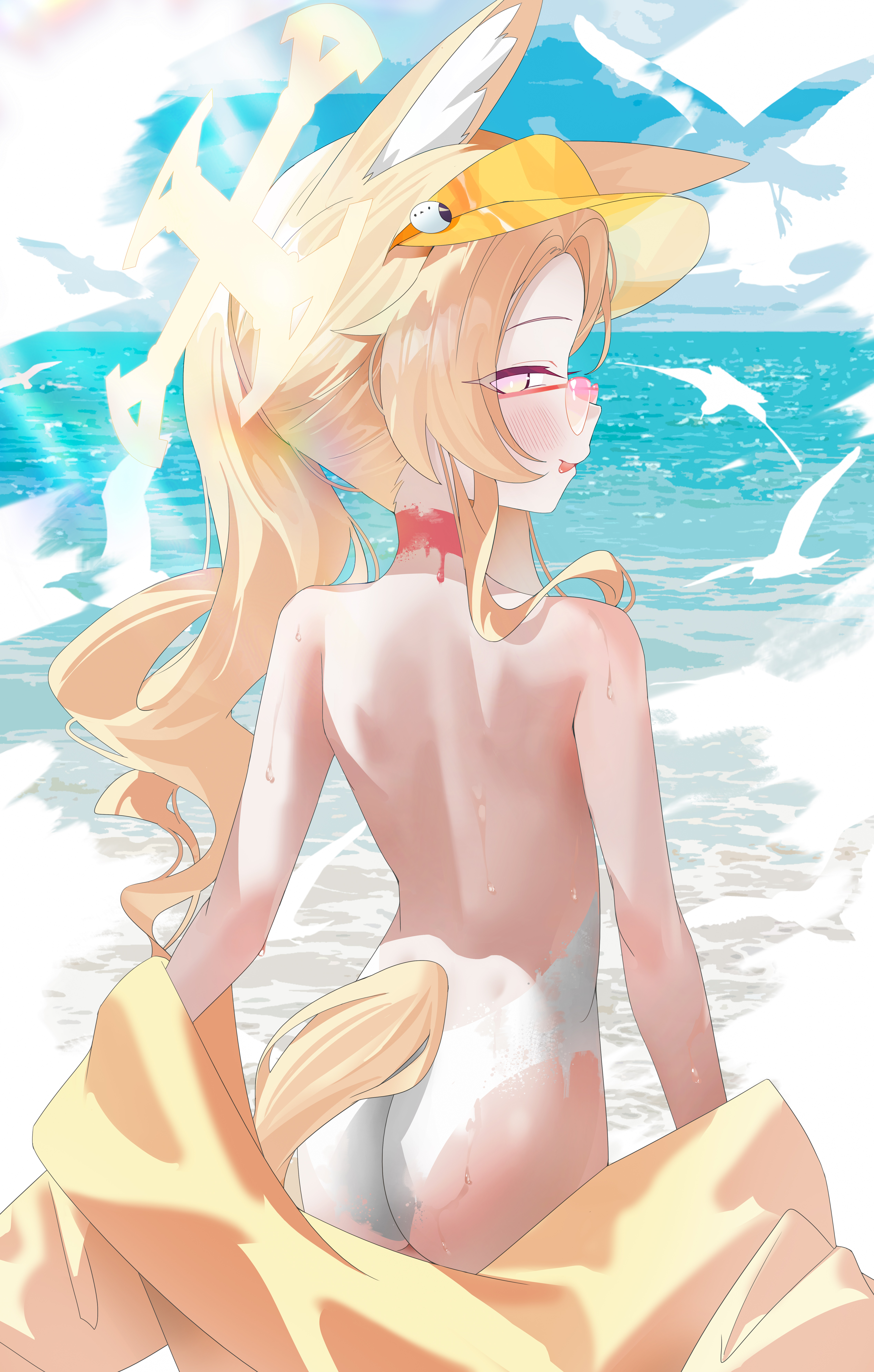 absurdres, animal ears, ass, back, bare shoulders, beach, blonde hair, blue archive, blue sky, blush, bodypaint, day, dissolving clothes, exhibitionism, female, fox ears, fox girl, haine 1871, halo, highres, jacket, long hair, looking at viewer, naked paint, nude, official alternate costume, outdoors, paint, painted clothes, public indecency, public nudity, seia (blue archive), seia (swimsuit) (blue archive), sky, solo, swimsuit, tail, tinted eyewear, visor cap