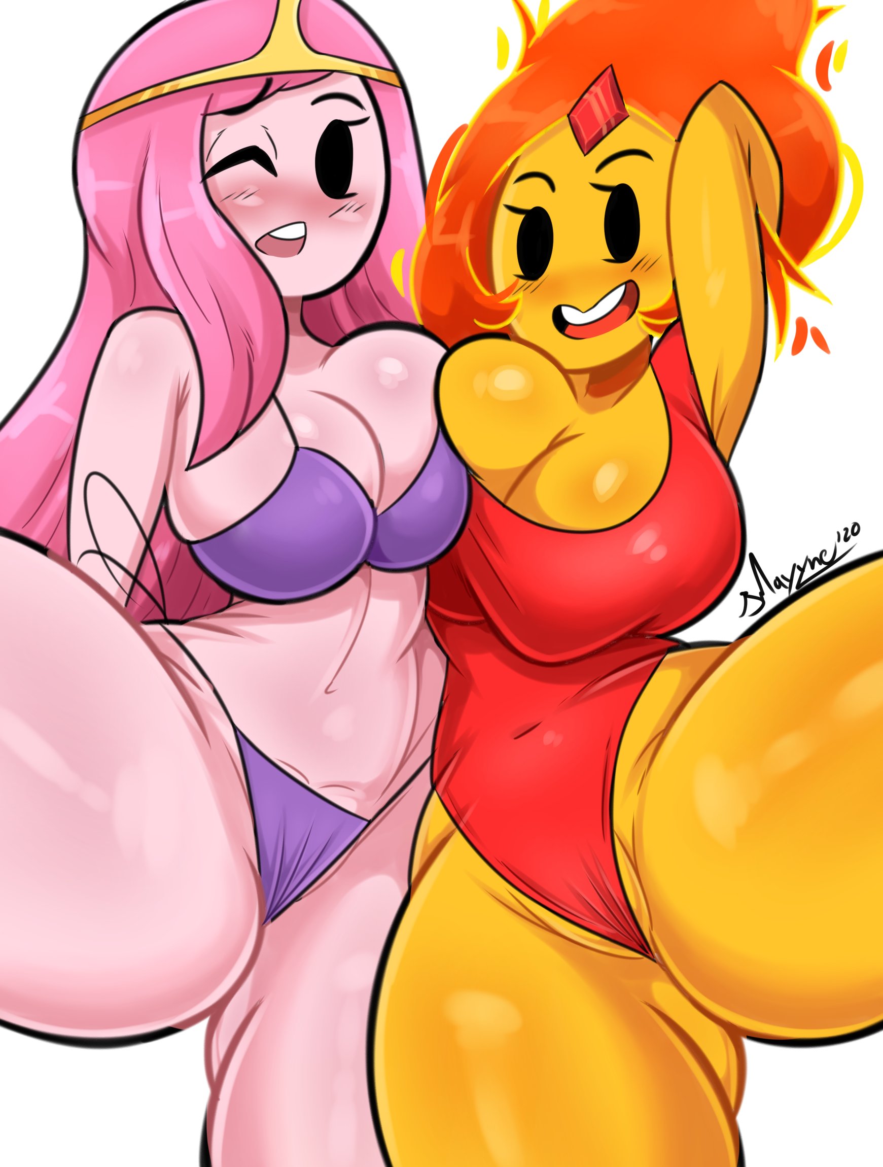 2girls, adventure time, big breasts, bikini, bmayneart, breasts, female, female only, flame princess, large breasts, looking at viewer, princess bubblegum, spread legs, swimsuit
