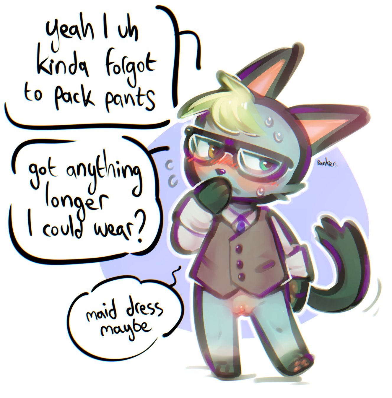 andromorph animal_crossing anthro blush bottomless clothed clothing cuntboy embarrassed english_text eyewear genitals glasses hi_res intersex nintendo panken partially_clothed pussy raymond_(animal_crossing) solo text trans_man transmasc video_games