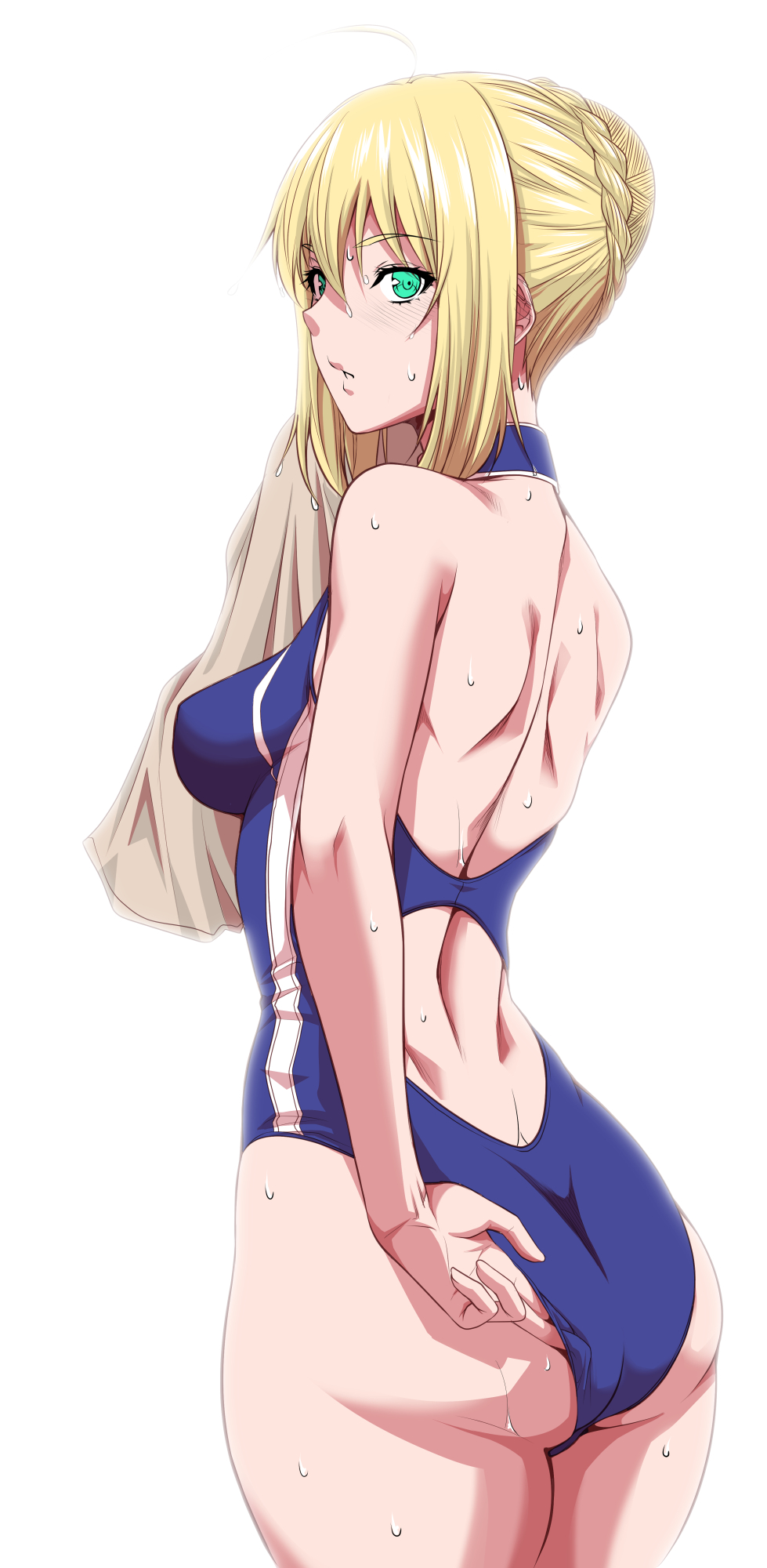 adjusting_clothes adjusting_swimsuit ahoge artoria_pendragon artoria_pendragon_(lancer) ass blonde_hair blue_swimsuit brown_towel fate/grand_order fate/stay_night fate_(series) female green_eyes high_resolution one-piece_swimsuit shiny shiny_hair simple_background solo standing swimsuit towel wet white_background zucchini