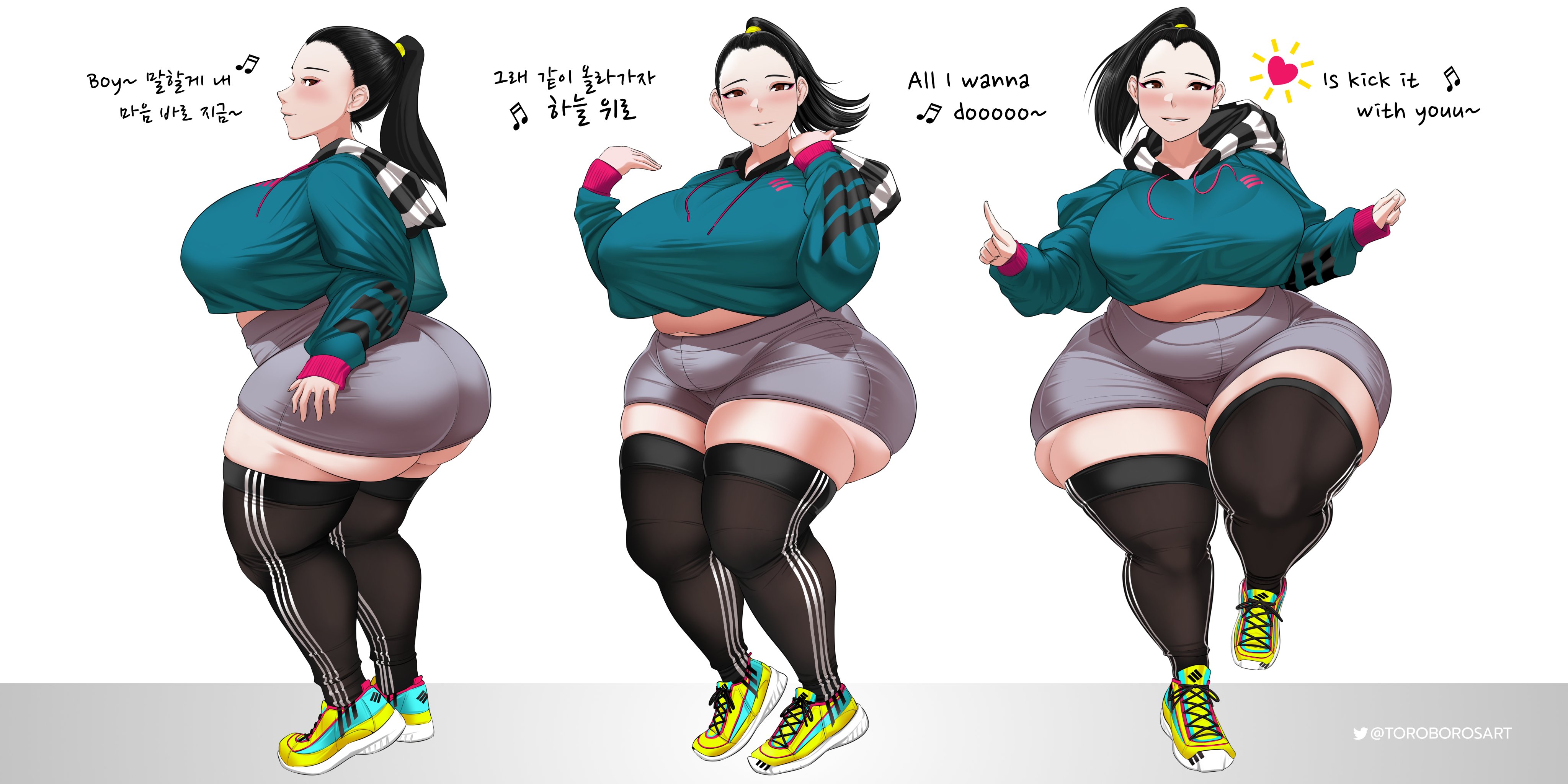 1girls, big breasts, blush, breasts, cleavage, female, female only, huge breasts, large breasts, looking at viewer, original, solo, thick thighs, thighhighs, toroboro, translation request, wide hips