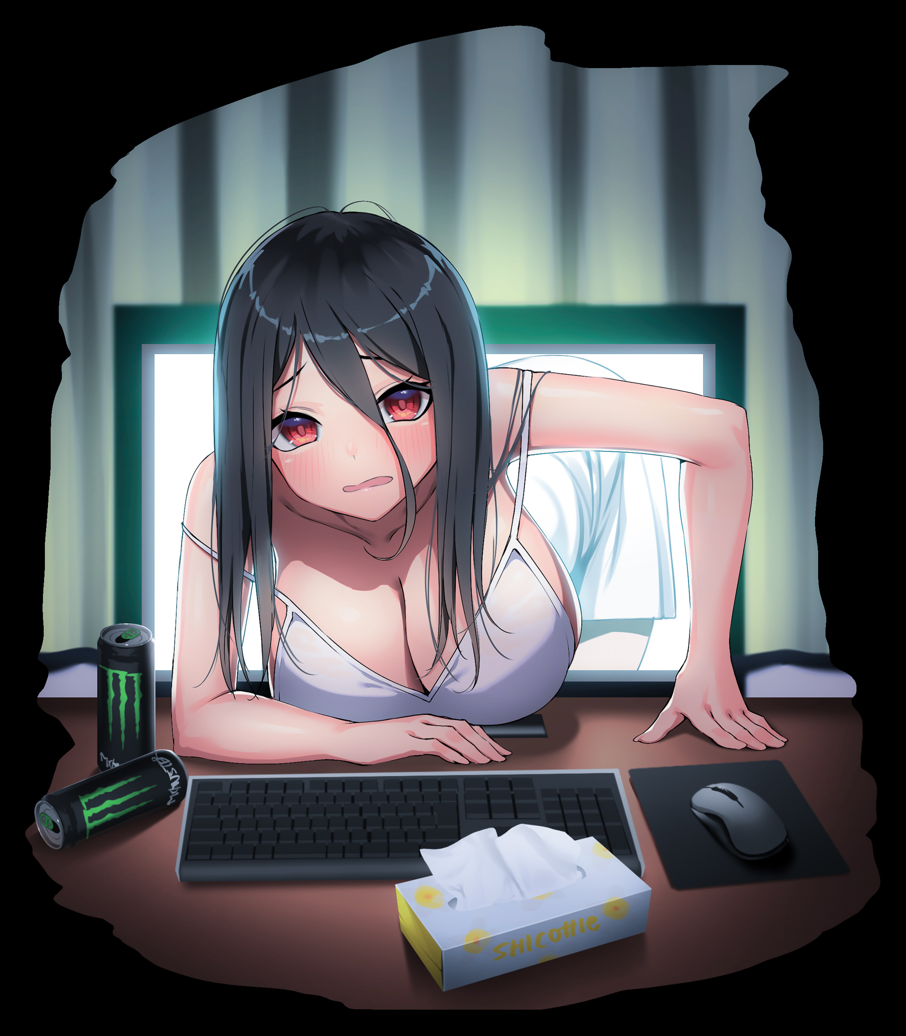 1girls, big breasts, black hair, blush, breasts, cleavage, computer, female, ghost, ghost girl, hair over eyes, monster energy, pyz, red eyes, shy, the ring, tissue, yamamura sadako