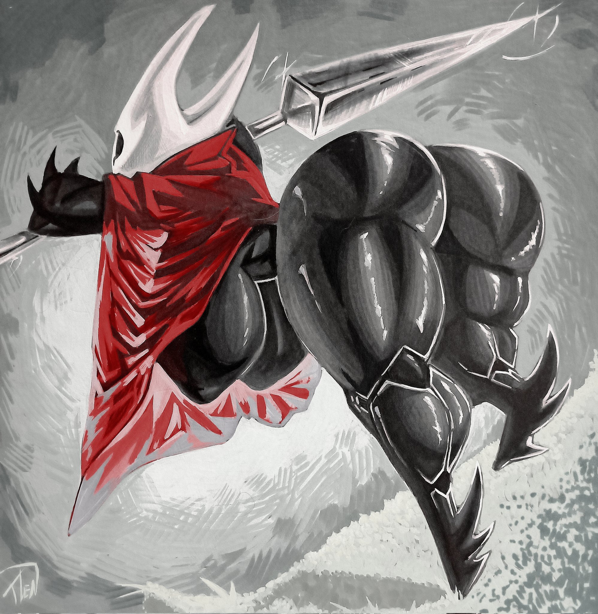 1girls, 2025, armored boots, artist name, artist signature, ass, ass focus, big ass, big breasts, boots, breasts, breasts visible from back, bug, bug girl, curvaceous, curvy, curvy female, curvy figure, female, grass, green background, hollow knight, hollow knight: silksong, hornet (hollow knight), horns, huge ass, melee weapon, nail (weapon), red clothing, red veil, shiny ass, shiny skin, spear, team cherry, thick ass, thick thighs, thighs, tlen borowski, traditional media (artwork), transparent clothing, veil, weapon