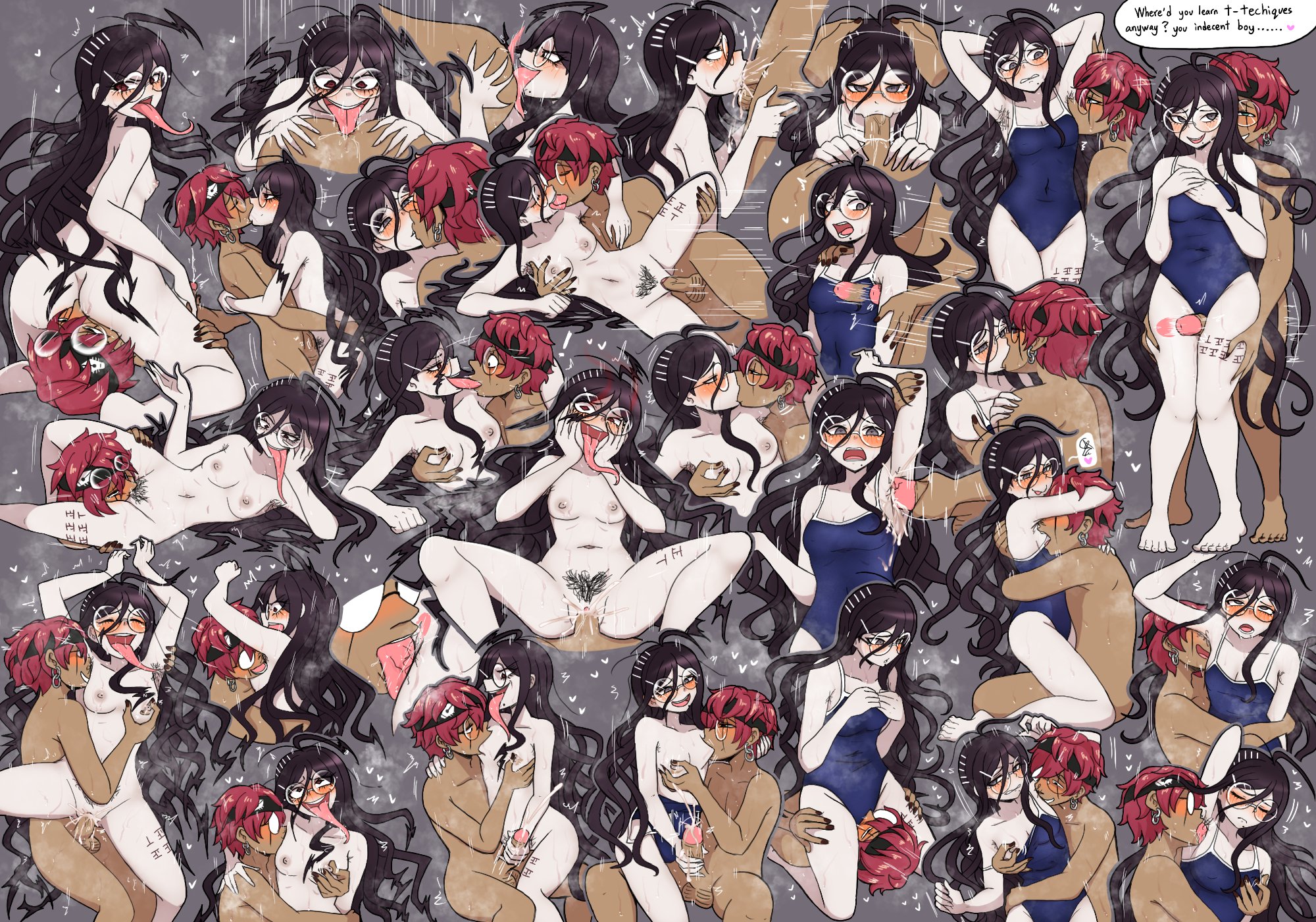 1boy, 1girls, armpit hair, armpit licking, armpits, arms up, ass, black hair, breast sucking, breasts, cum, cum in pussy, cum inside, cunnilingus, danganronpa, danganronpa (series), danganronpa 1, danganronpa: trigger happy havoc, dialogue, facesitting, female, fukawa touko, genocider shou, glasses, hairy, hairy armpits, hairy female, hairy pussy, handjob, hugging, ivancyxic, kissing, licking armpit, long tongue, male, missionary position, nude, on side, one-piece swimsuit, original character, pubic hair, pussy, rimming, school swimsuit, small breasts, spread legs, swimsuit, tally marks, text, vaginal penetration