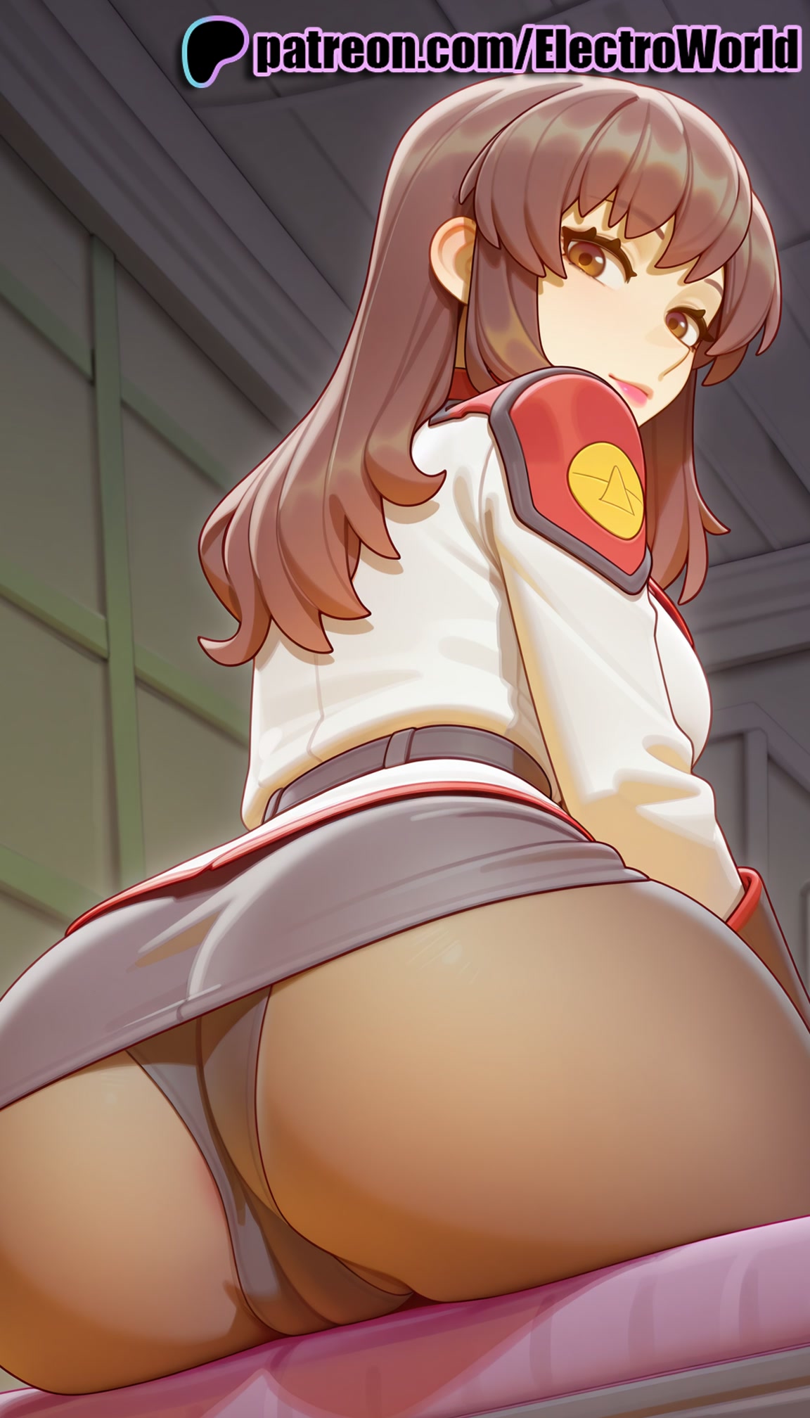 1girls, 2025, ai generated, artist name, ass, brown eyes, brown hair, electroworld, female, gundam, hi res, high quality, high resolution, highres, long hair, looking at viewer, looking back, murrue ramius, panties, patreon, patreon username, skirt, solo, stable diffusion, underwear, uniform, watermark, white panties