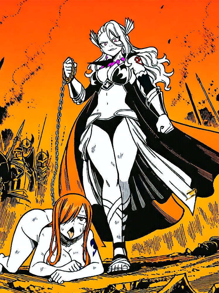 brainwashing, collar, defeated heroine, erza scarlet, fairy tail, fairy tail 100 years quest, femdom, femsub, hypnosis, kiria (fairy tail), leash, mind control, petplay, slave, slave girl